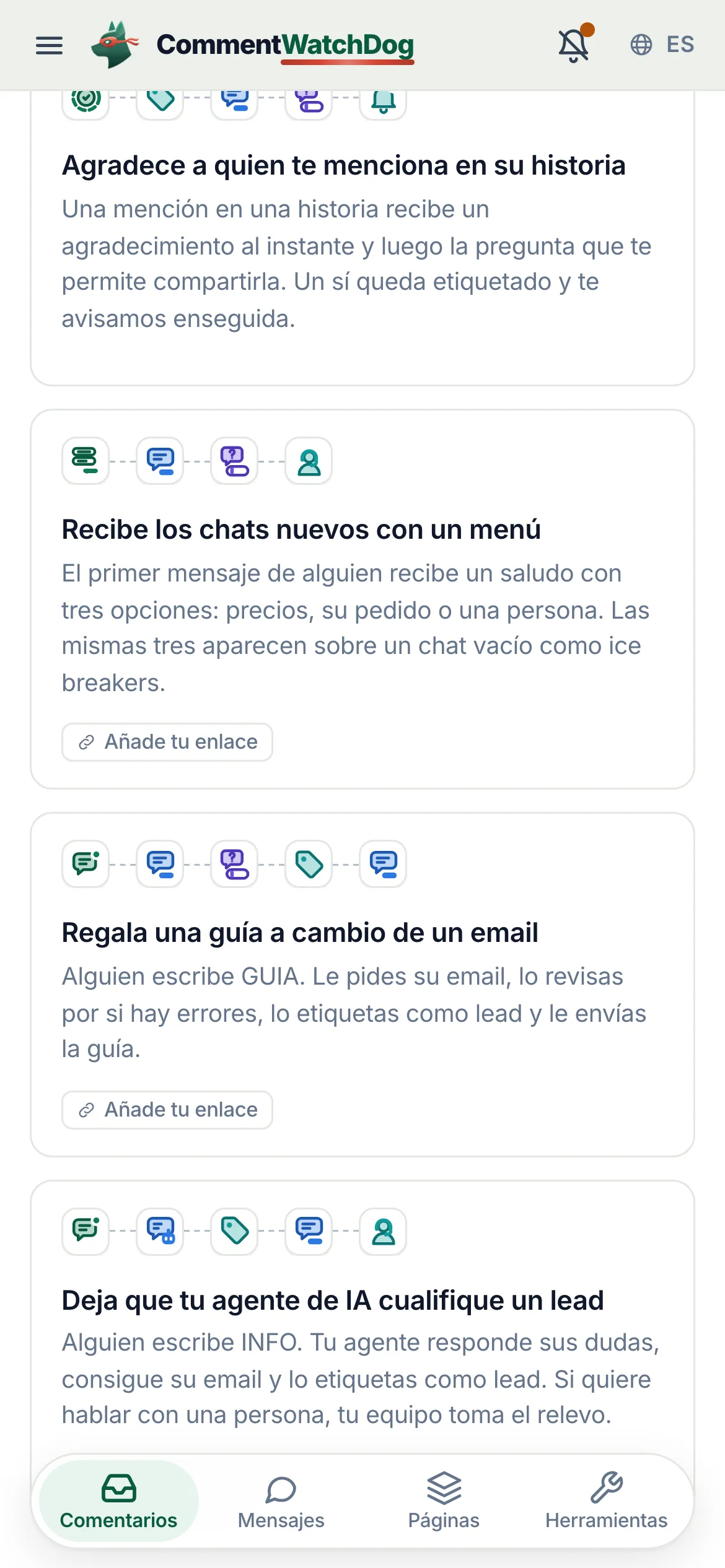 La tarjeta Recibe los chats nuevos con un menú, en un teléfono.