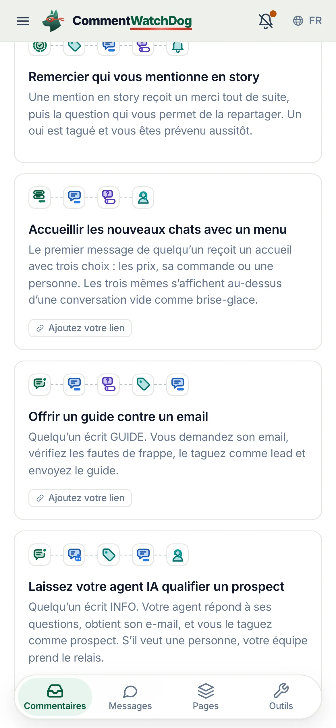 La carte Accueillir les nouveaux chats avec un menu, sur un téléphone.
