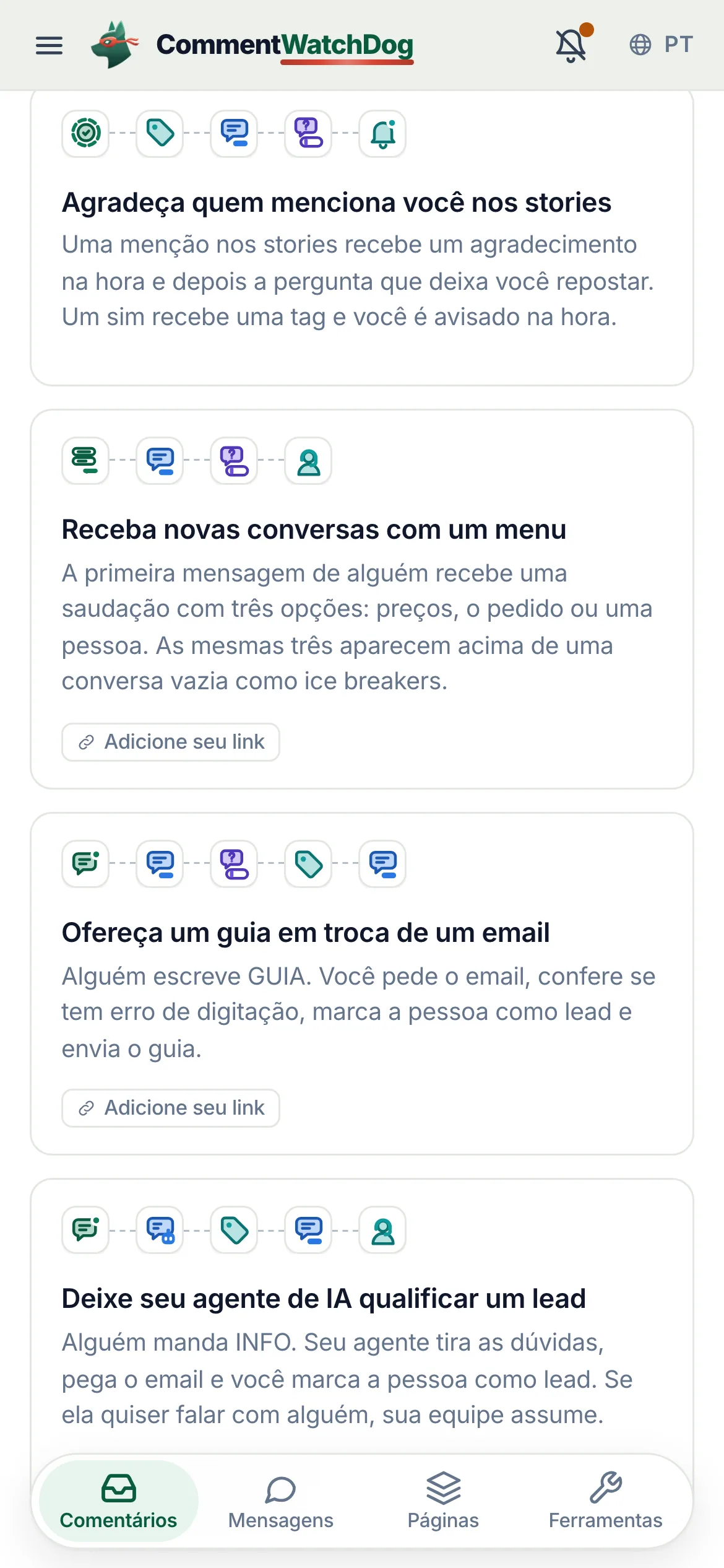 O card Receba novas conversas com um menu, no celular.