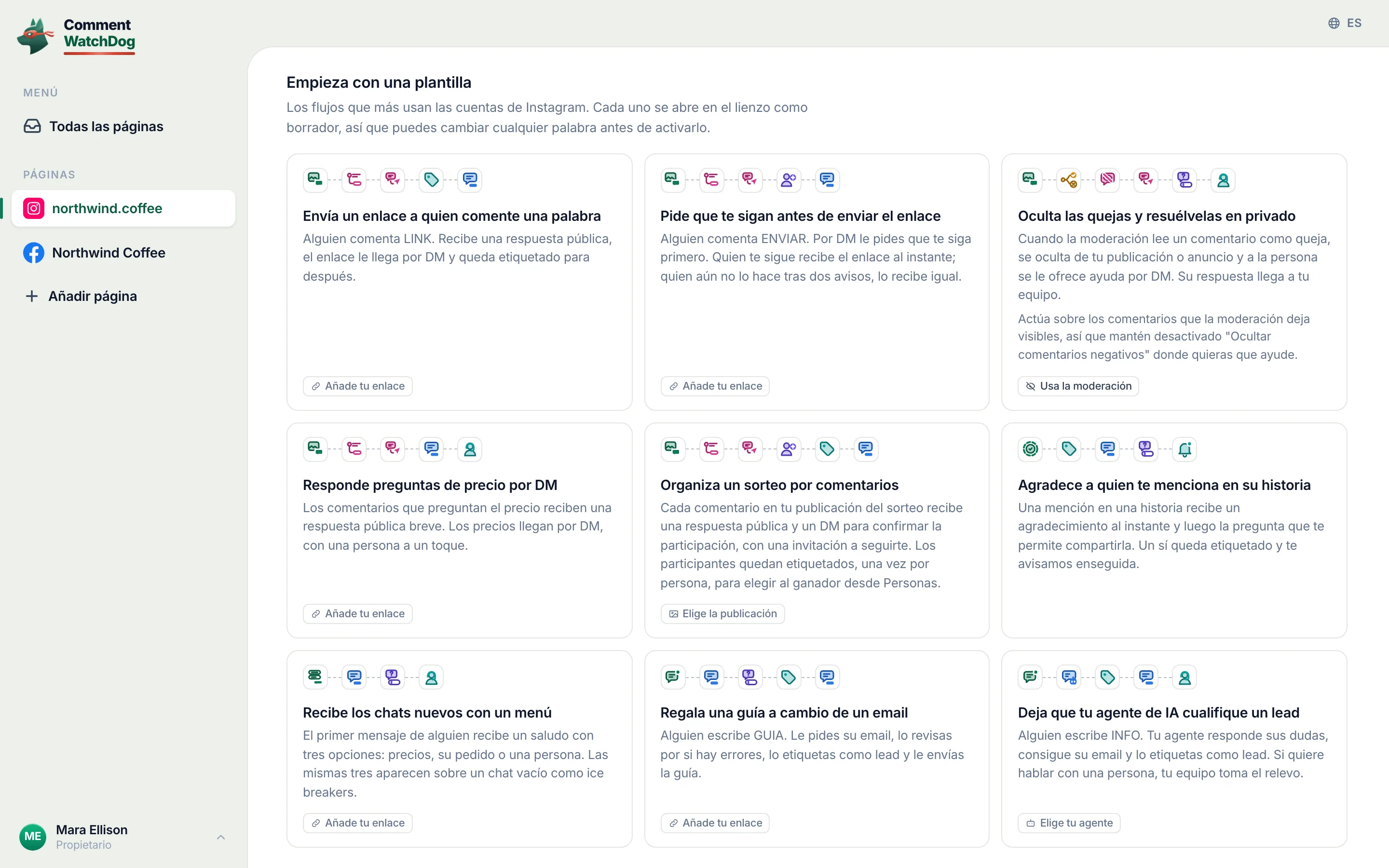 La tarjeta Recibe los chats nuevos con un menú, en Empieza con una plantilla.