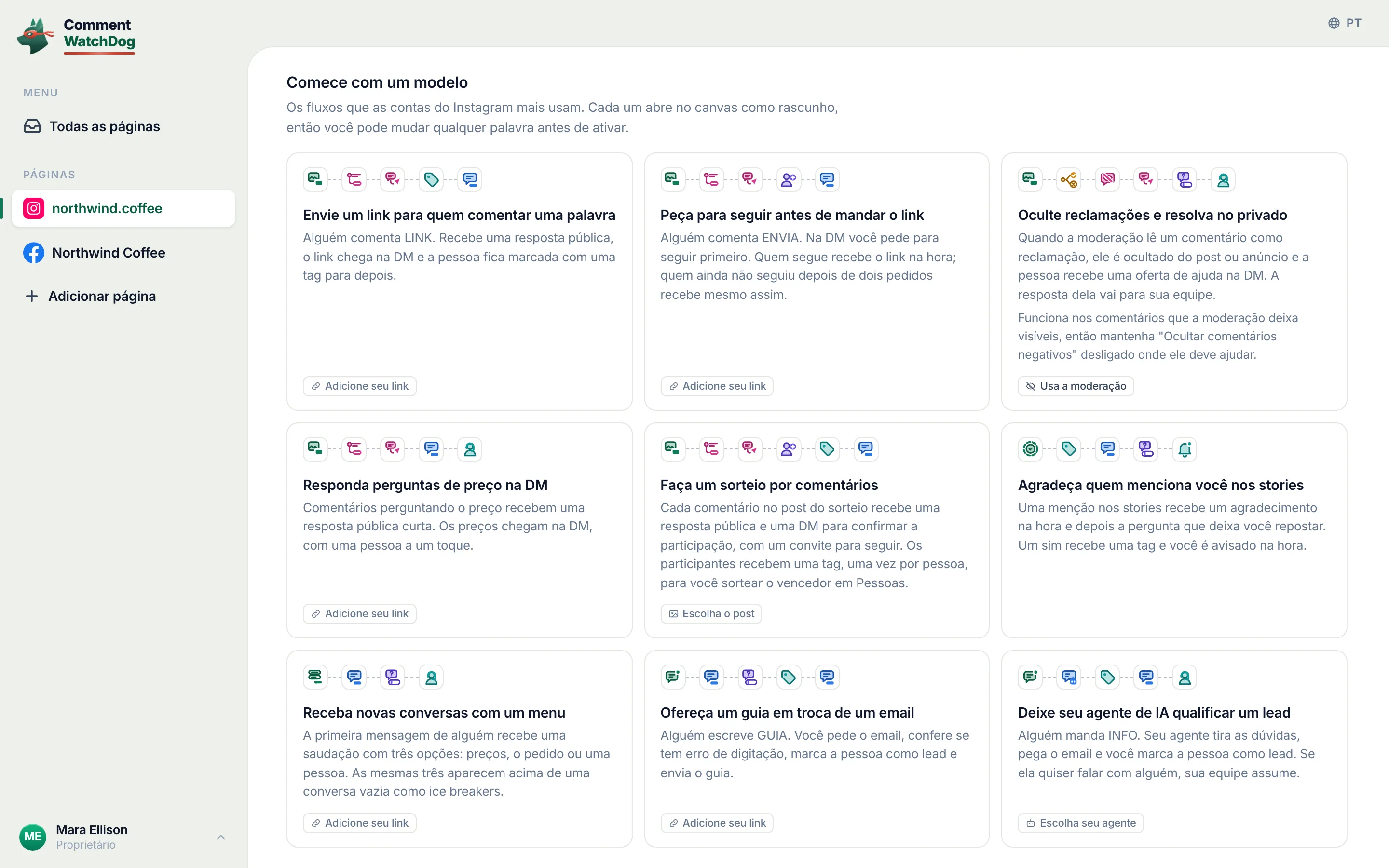 O modelo Envie um link para quem comentar uma palavra, o primeiro em Comece com um modelo.