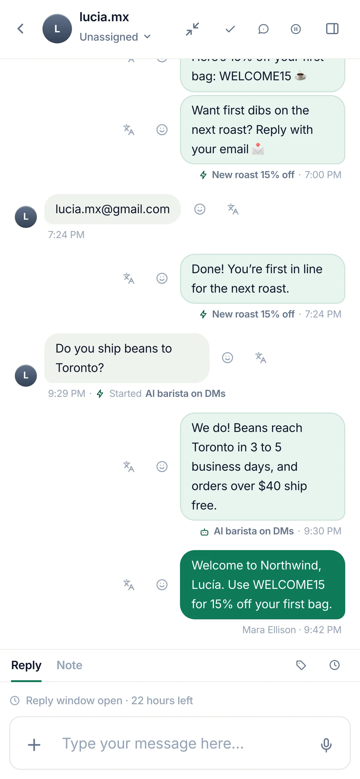 An Instagram DM thread on a phone in the Live inbox, the automation’s messages labelled.