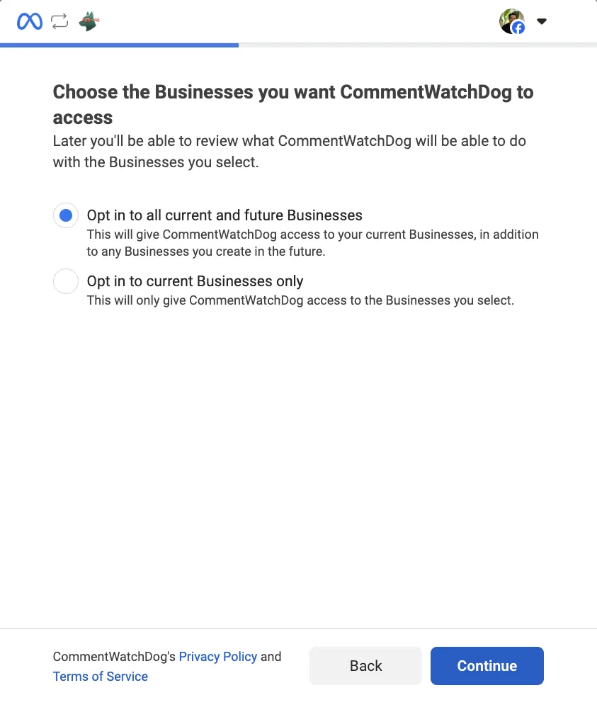 The second screen: Choose the Businesses you want CommentWatchDog to access.