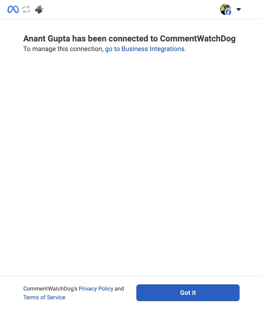 The last screen: connected to CommentWatchDog, with Got it.