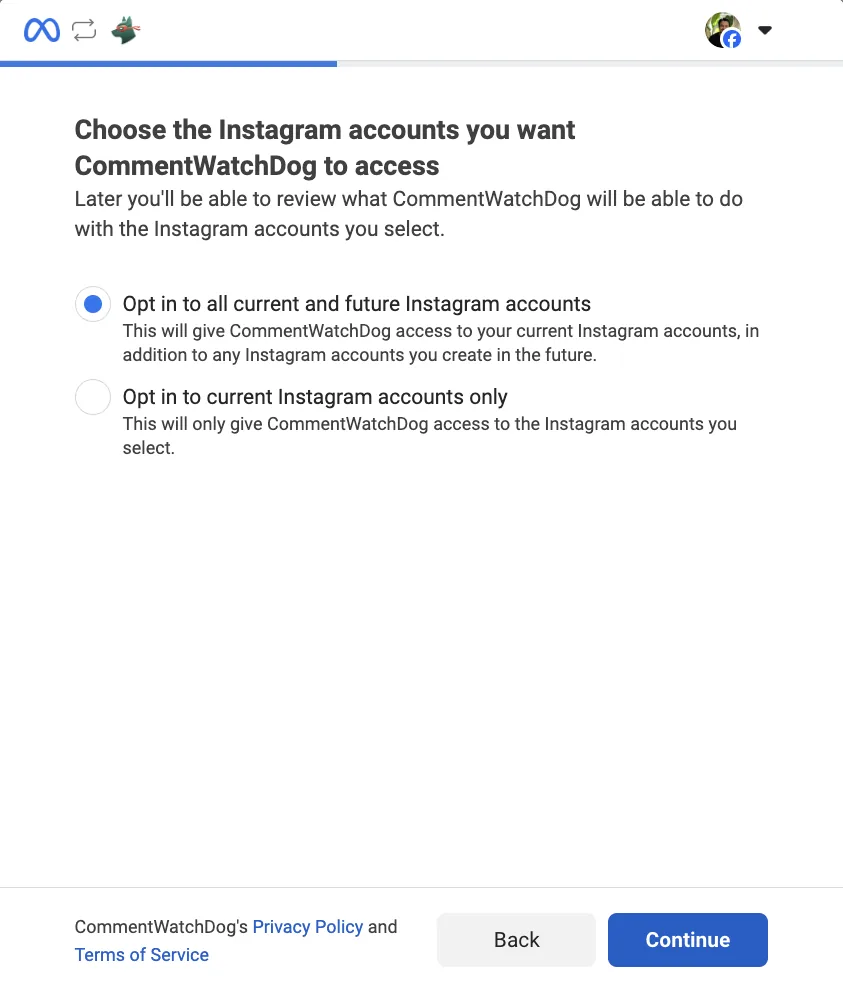 The third screen: Choose the Instagram accounts you want CommentWatchDog to access.