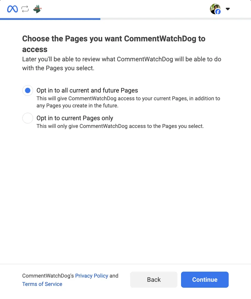 Facebook's first screen: Choose the Pages you want CommentWatchDog to access, with all current and future Pages selected.