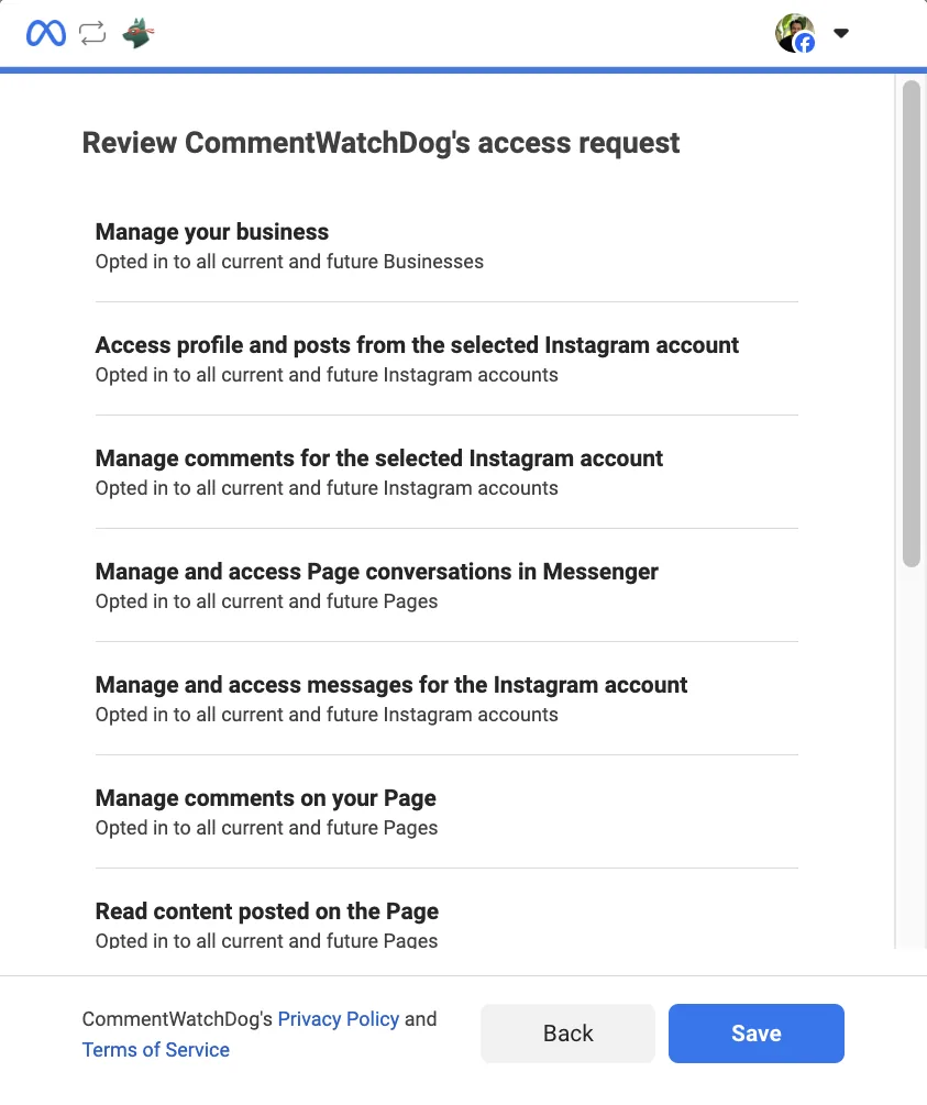 Review CommentWatchDog's access request: each permission with the choice made for it.