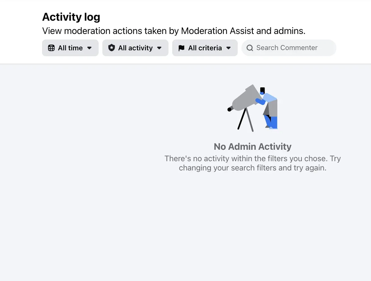 The Activity log page with its filters, All time, All activity, All criteria and Search Commenter, and no activity yet.