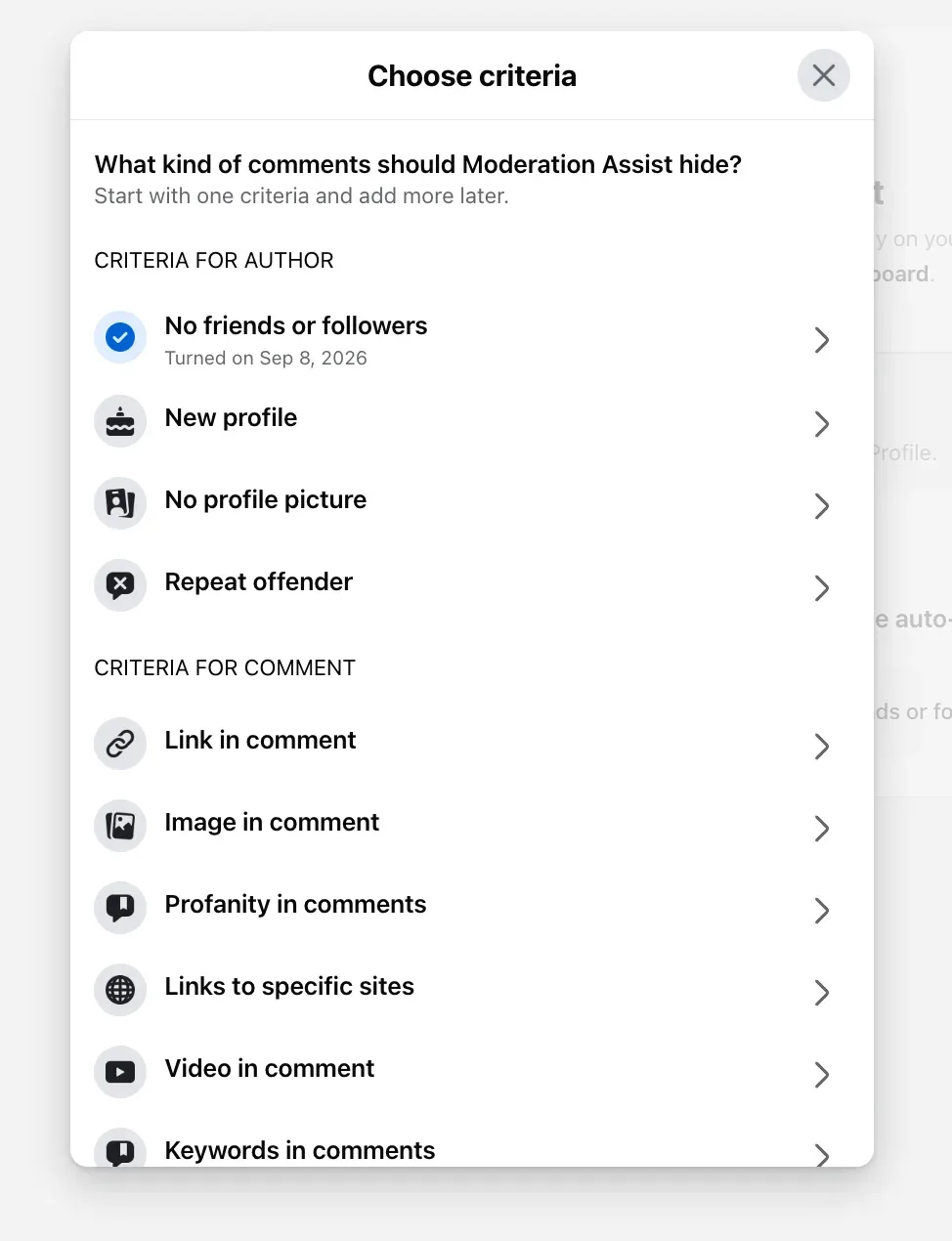 Moderation Assist's Choose criteria screen on September 8, 2026, with the four rows about the person commenting ringed: no profile picture, no friends or followers, an account under a week old, and a record of reported or hidden comments.
