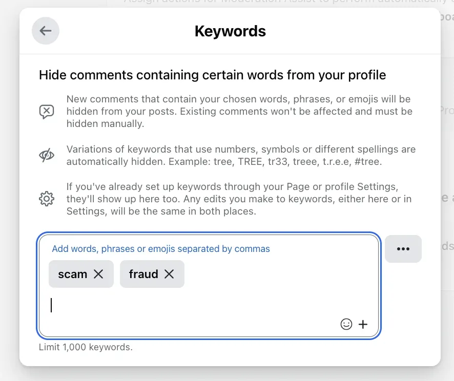 The Keywords screen in Moderation Assist on September 8, 2026, the entry field ringed: it takes words, phrases or emojis separated by commas, and the 1,000 limit is stated under it.