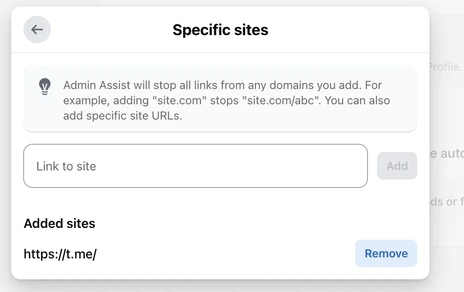 Moderation Assist's Specific sites screen on September 8, 2026, the Link to site field ringed, with t.me already on the list of added sites.