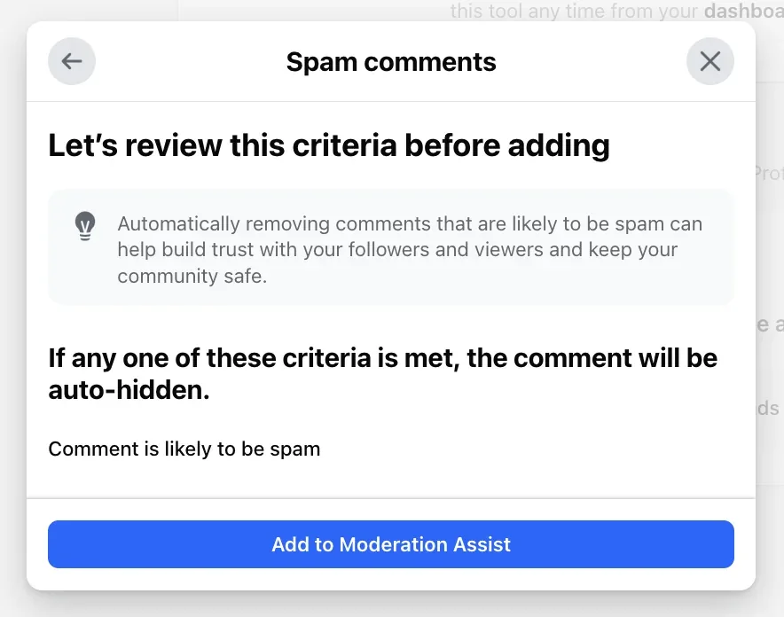 The Spam comments criterion: "Comment is likely to be spam", with its Add to Moderation Assist button.