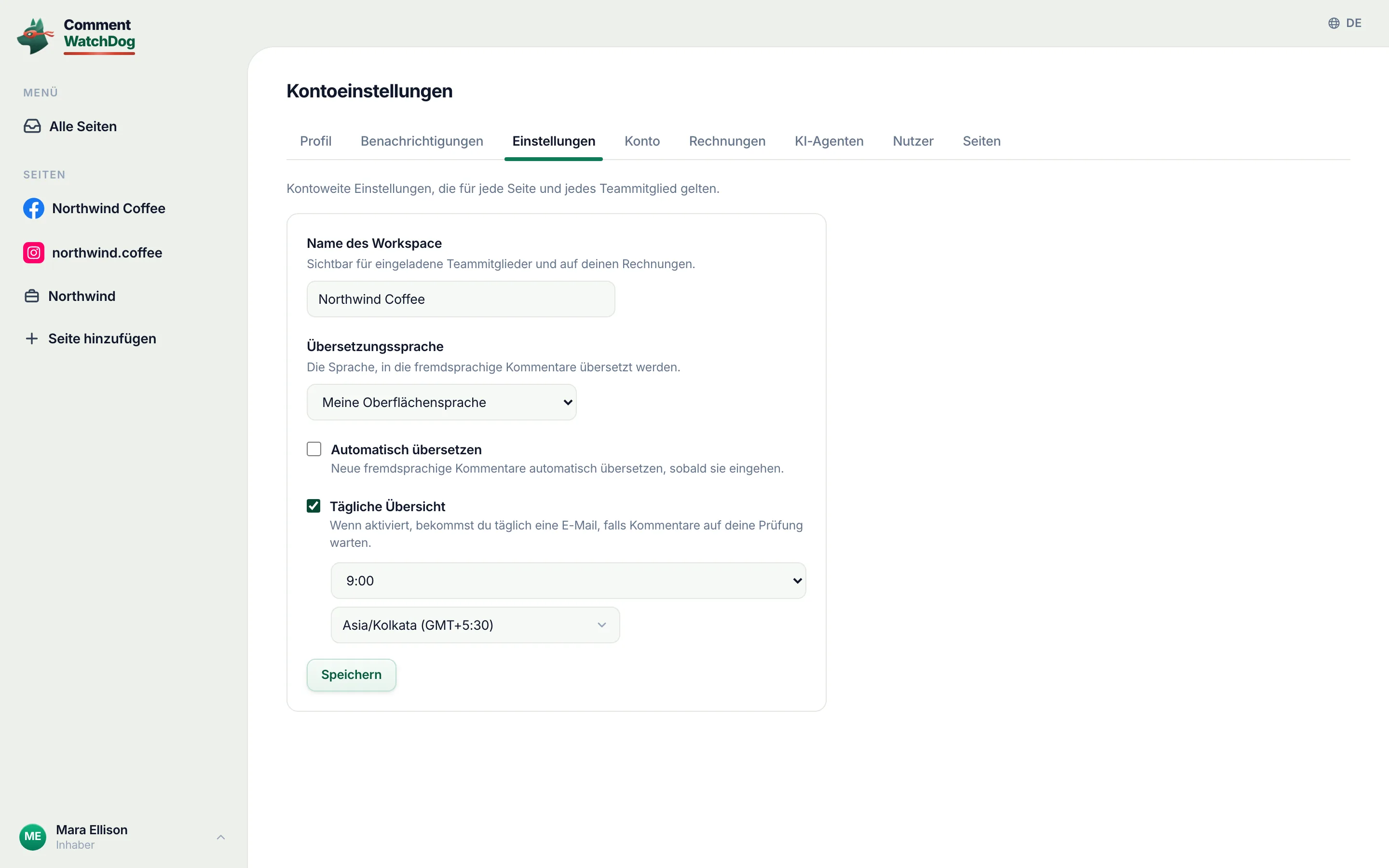 Der Tab „Einstellungen“, „Tägliche Übersicht“ ist angehakt: „Versandzeit“ und „Zeitzone“ erscheinen.