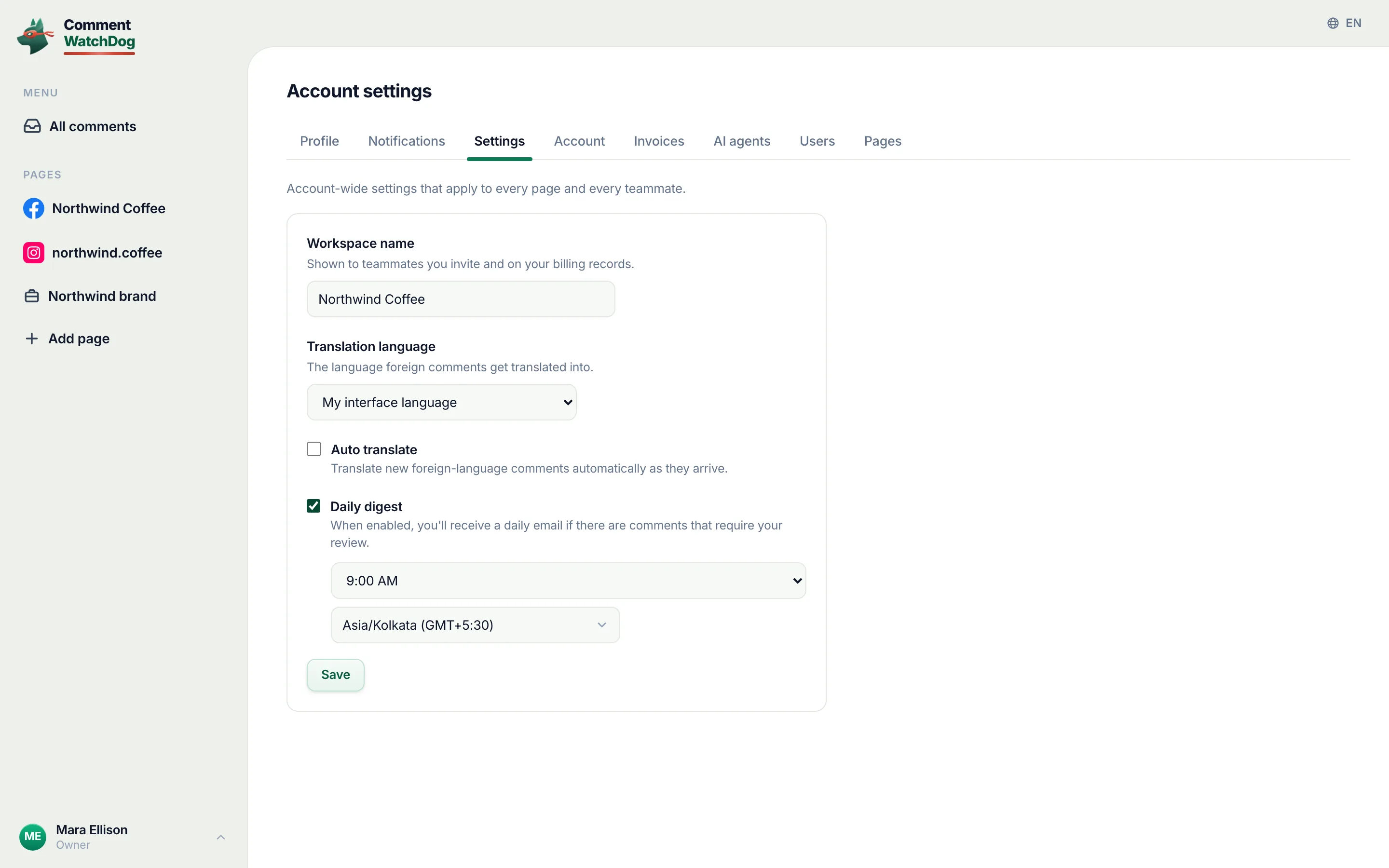 The Settings tab with Daily digest ticked: Send time and Timezone appear.
