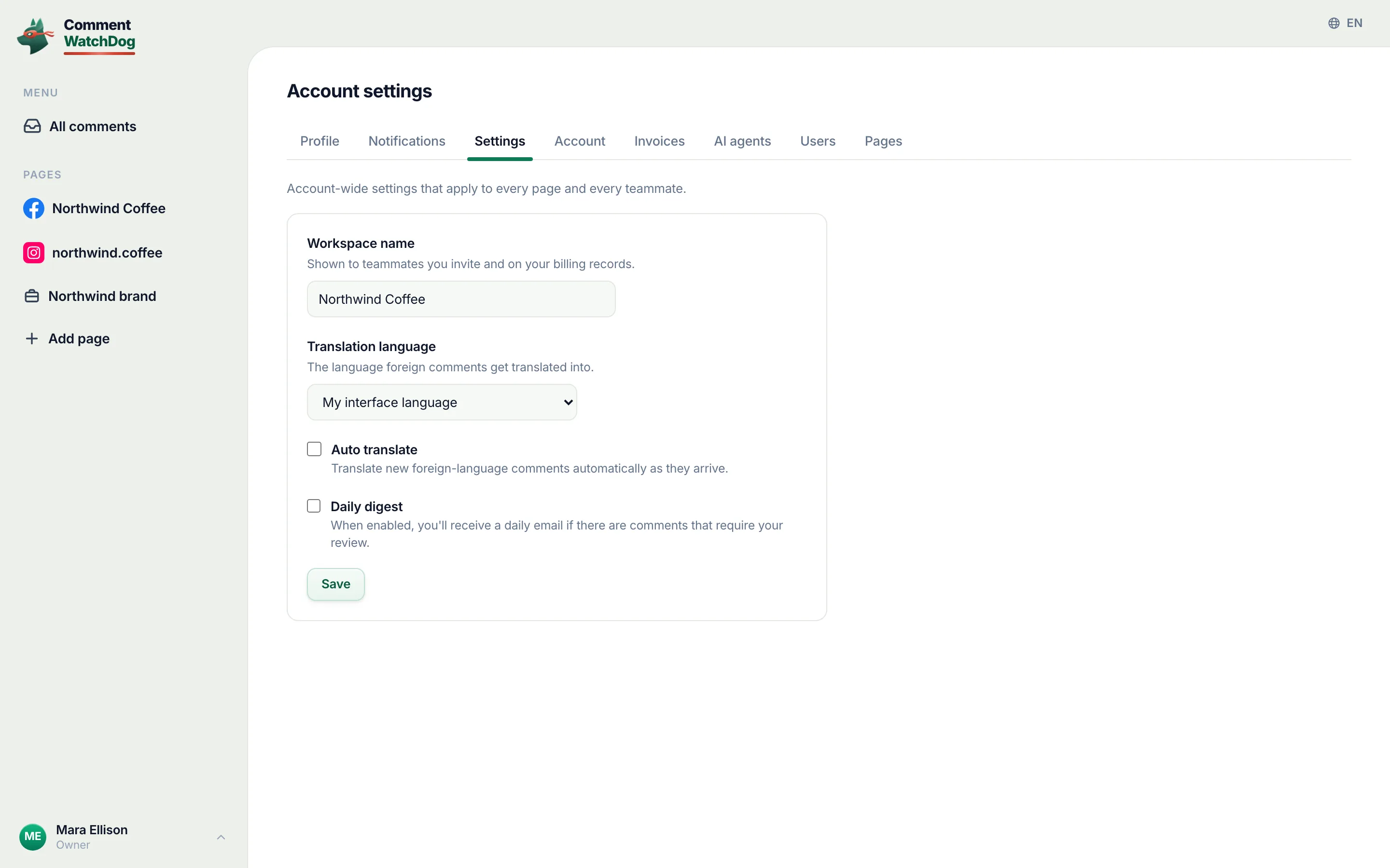 The account-wide settings page.