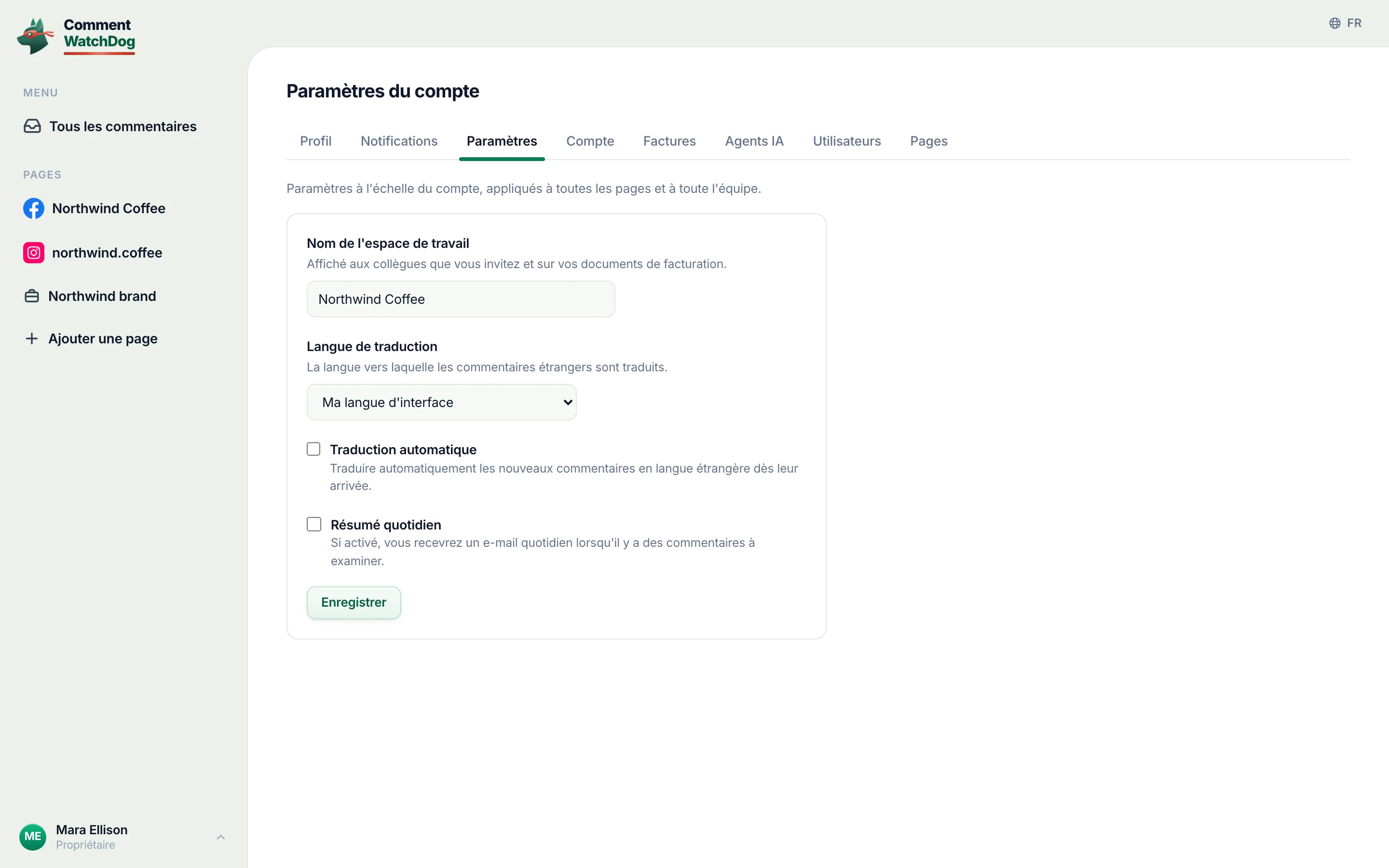 La page des paramètres du compte.