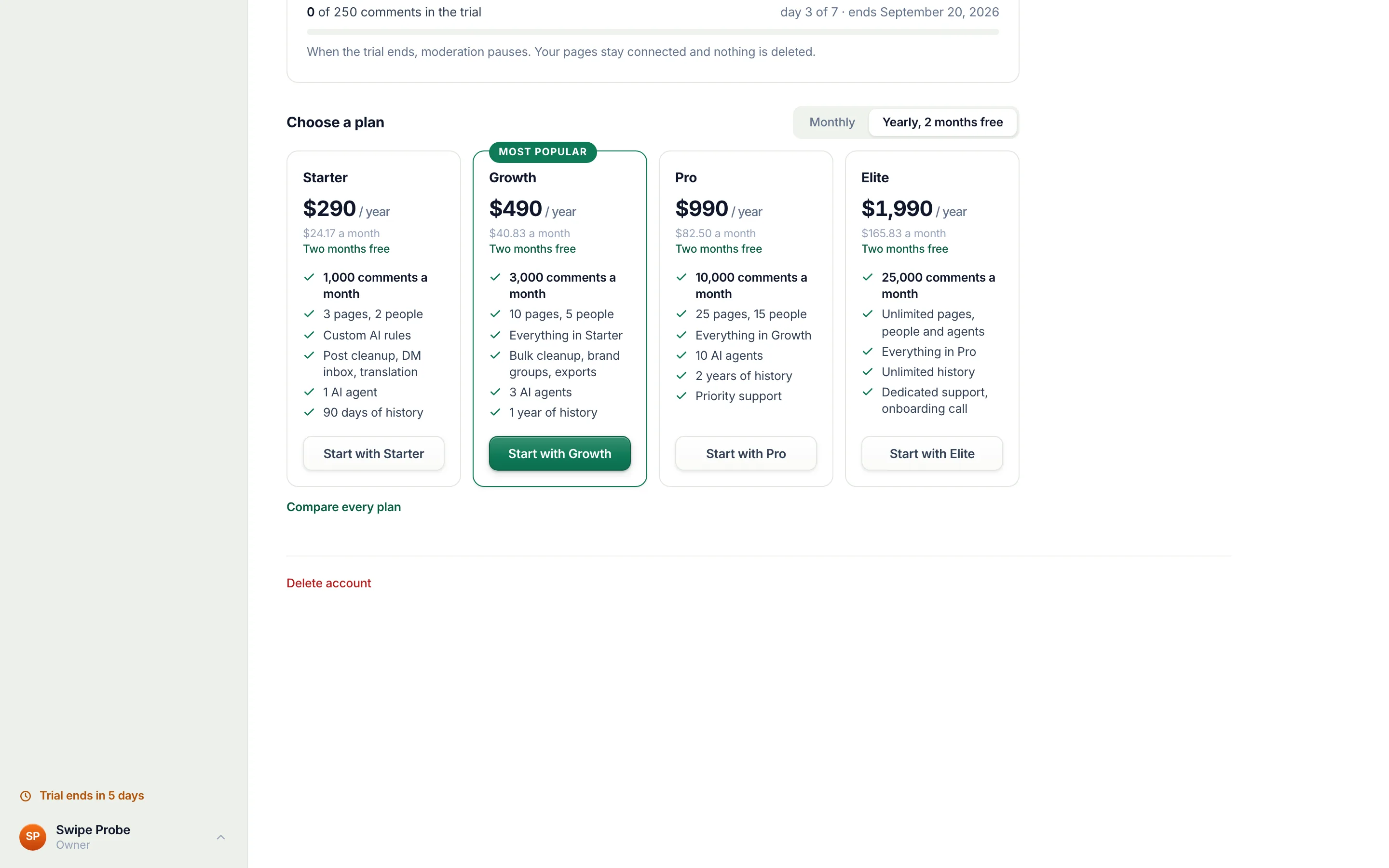Choose a plan, under the trial card.