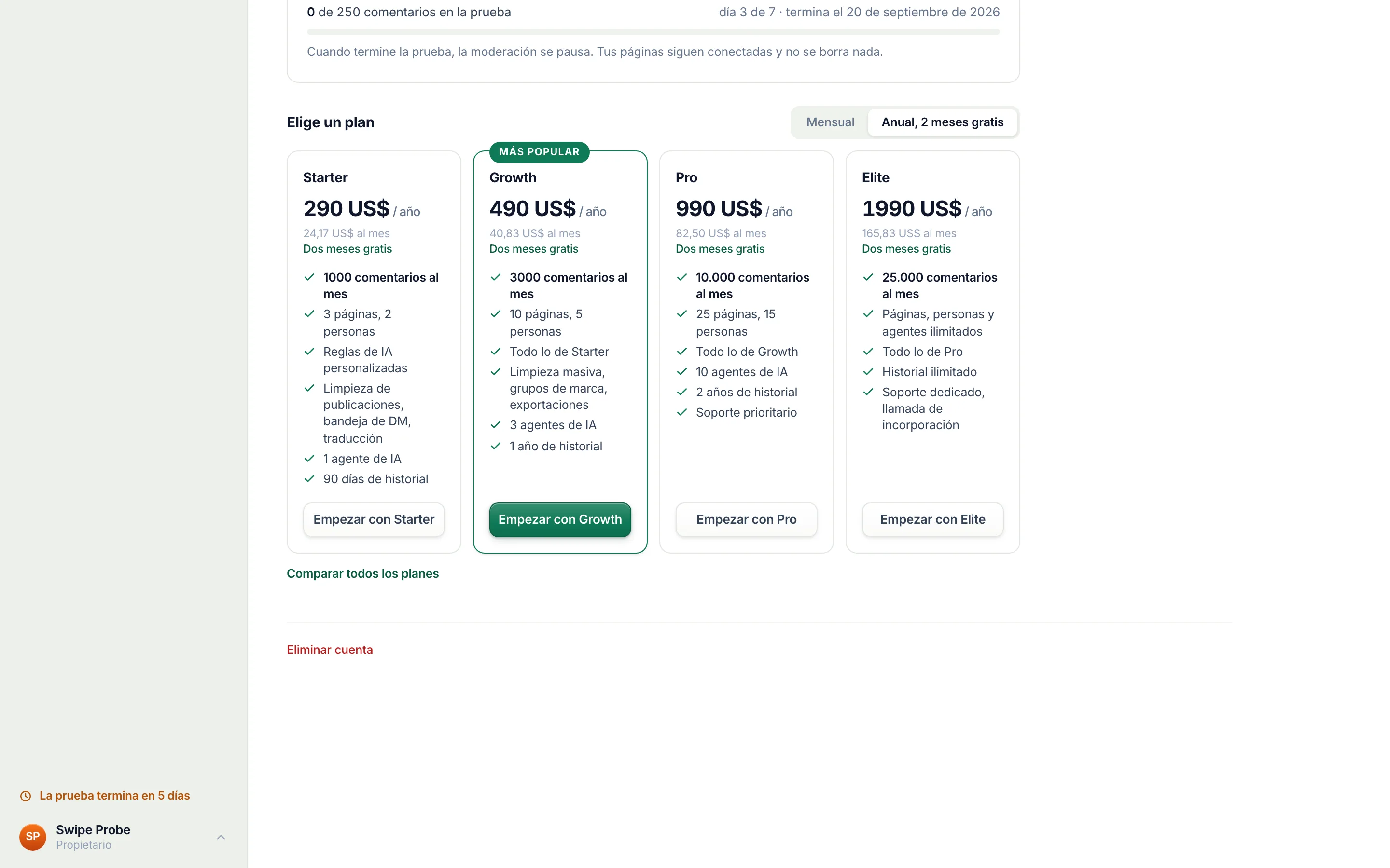 Elige un plan, debajo de la tarjeta de la prueba.