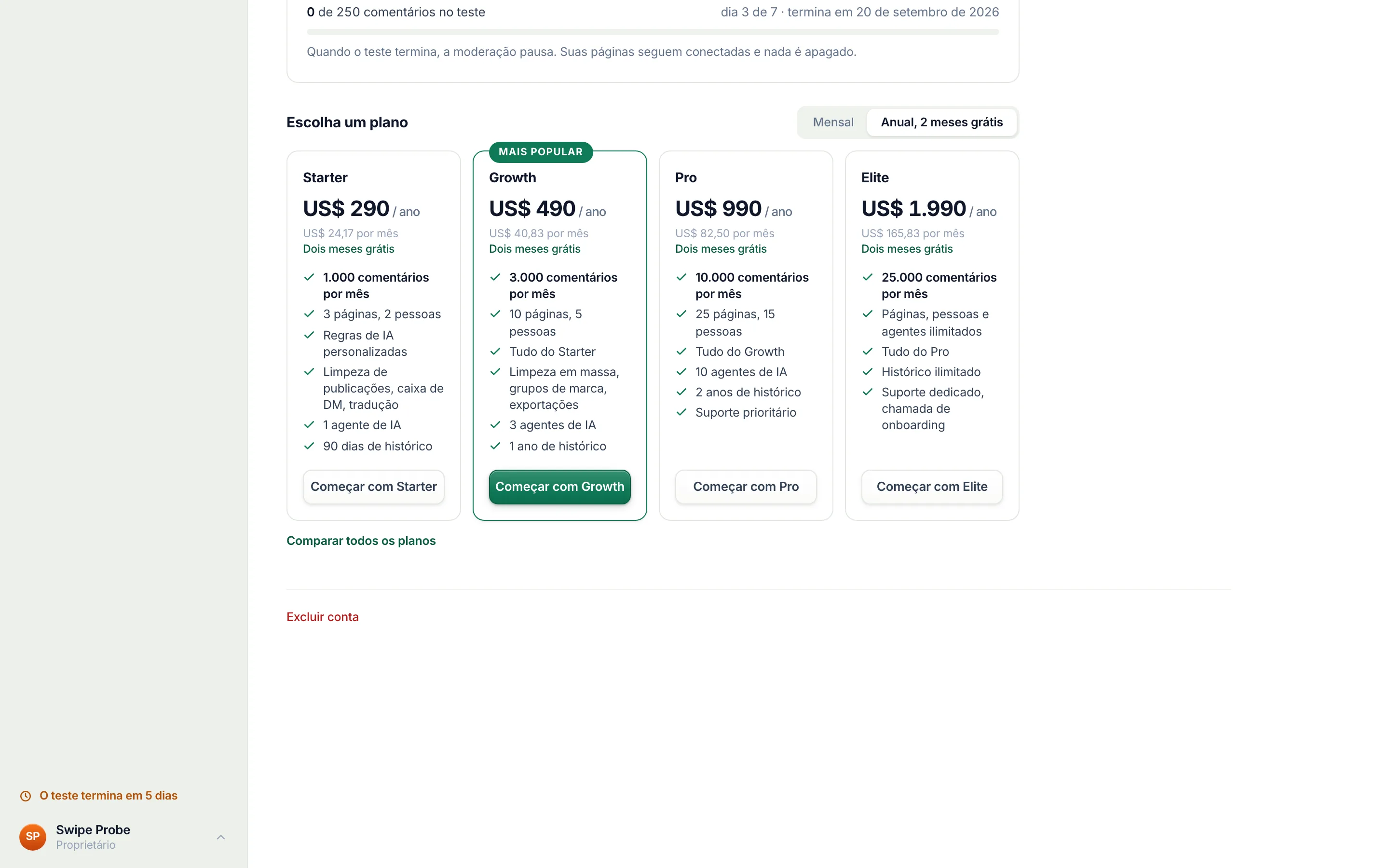 Escolha um plano, abaixo do cartão de teste.