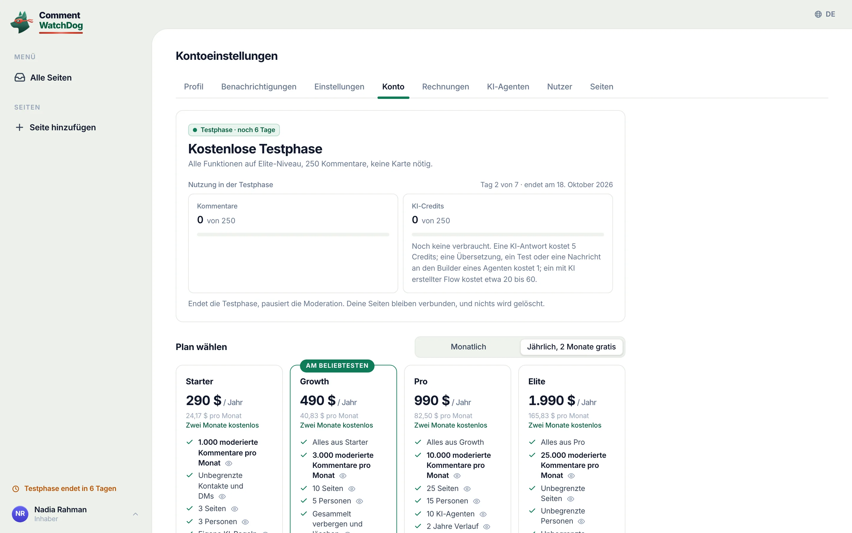Der Tab „Konto“ in der Testphase: der Tageszähler und zwei Nutzungskacheln, „Kommentare“ und „KI-Credits“.