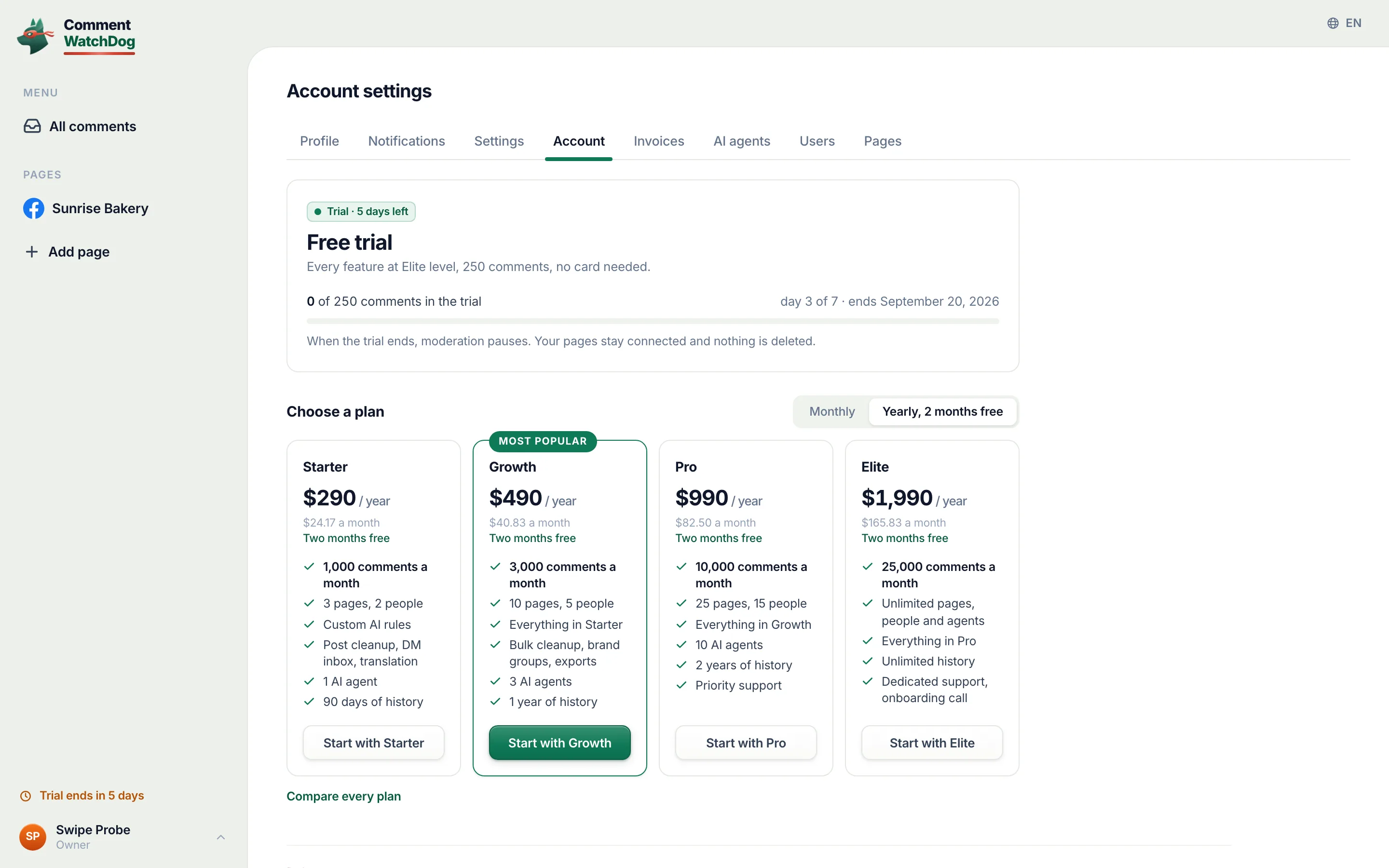 The Account tab during the trial: the day counter and the comment meter.