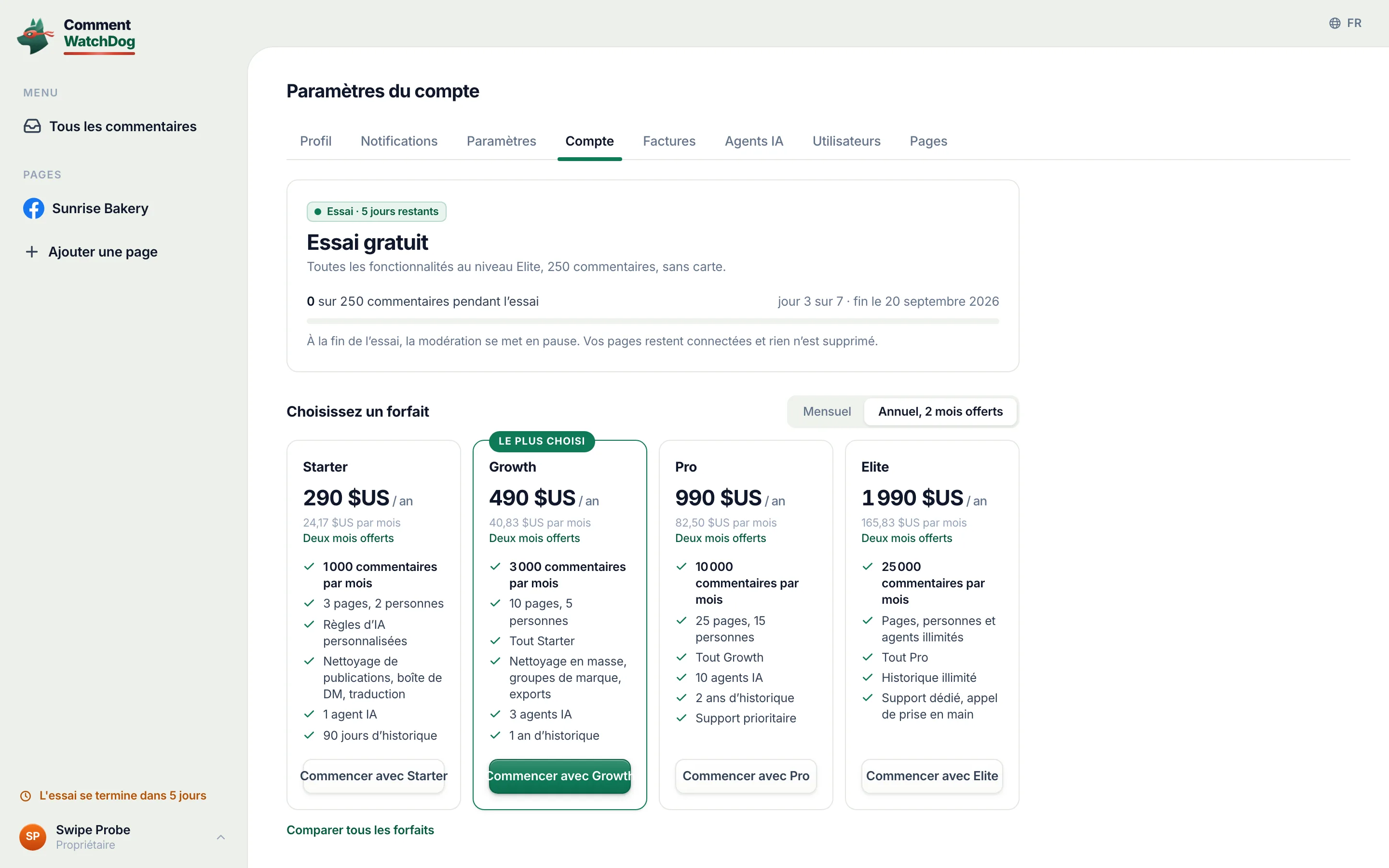 L’onglet Compte pendant l’essai : le compteur de jours et le compteur de commentaires.