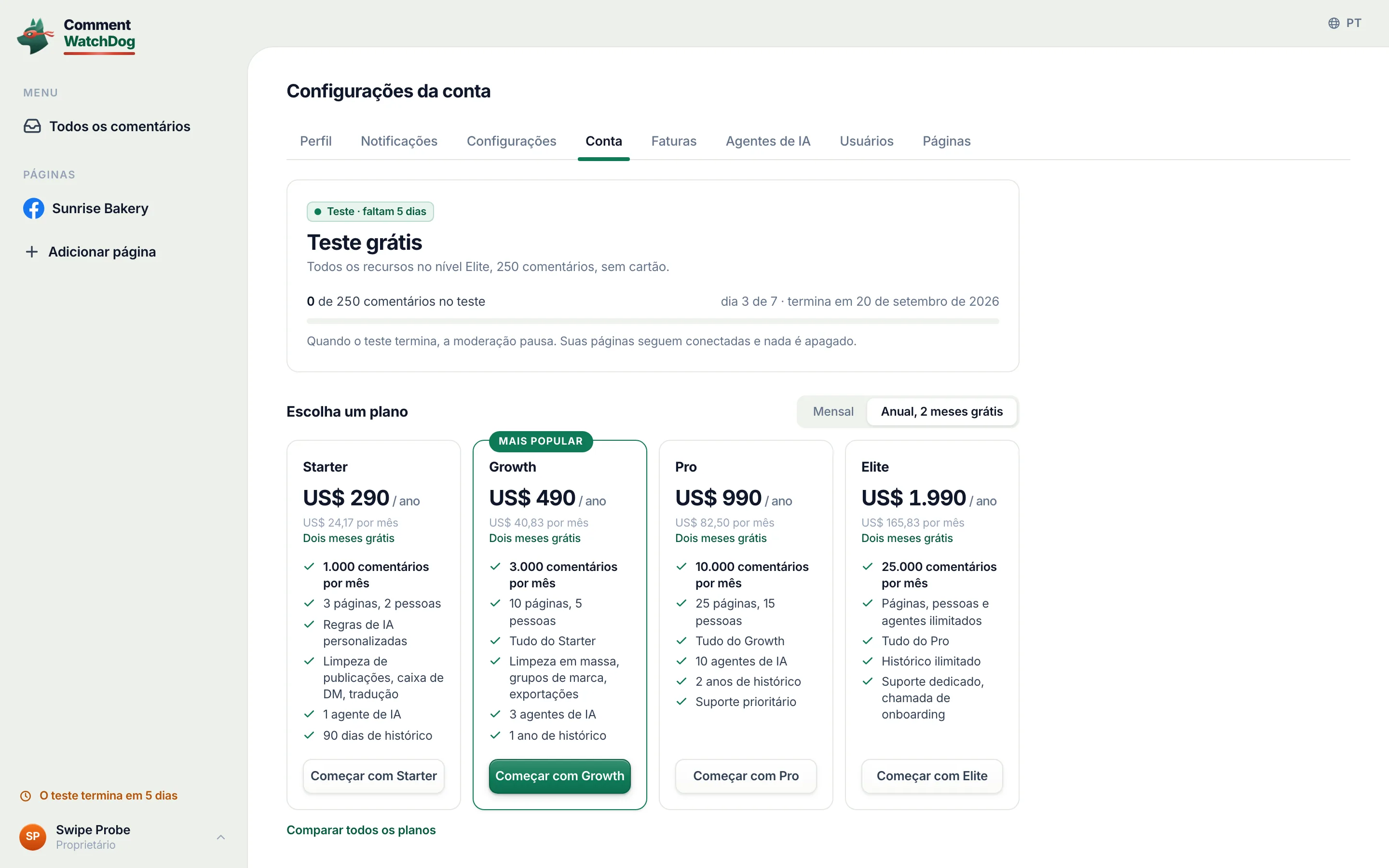 A aba Conta durante o teste: o contador de dias e o medidor de comentários.