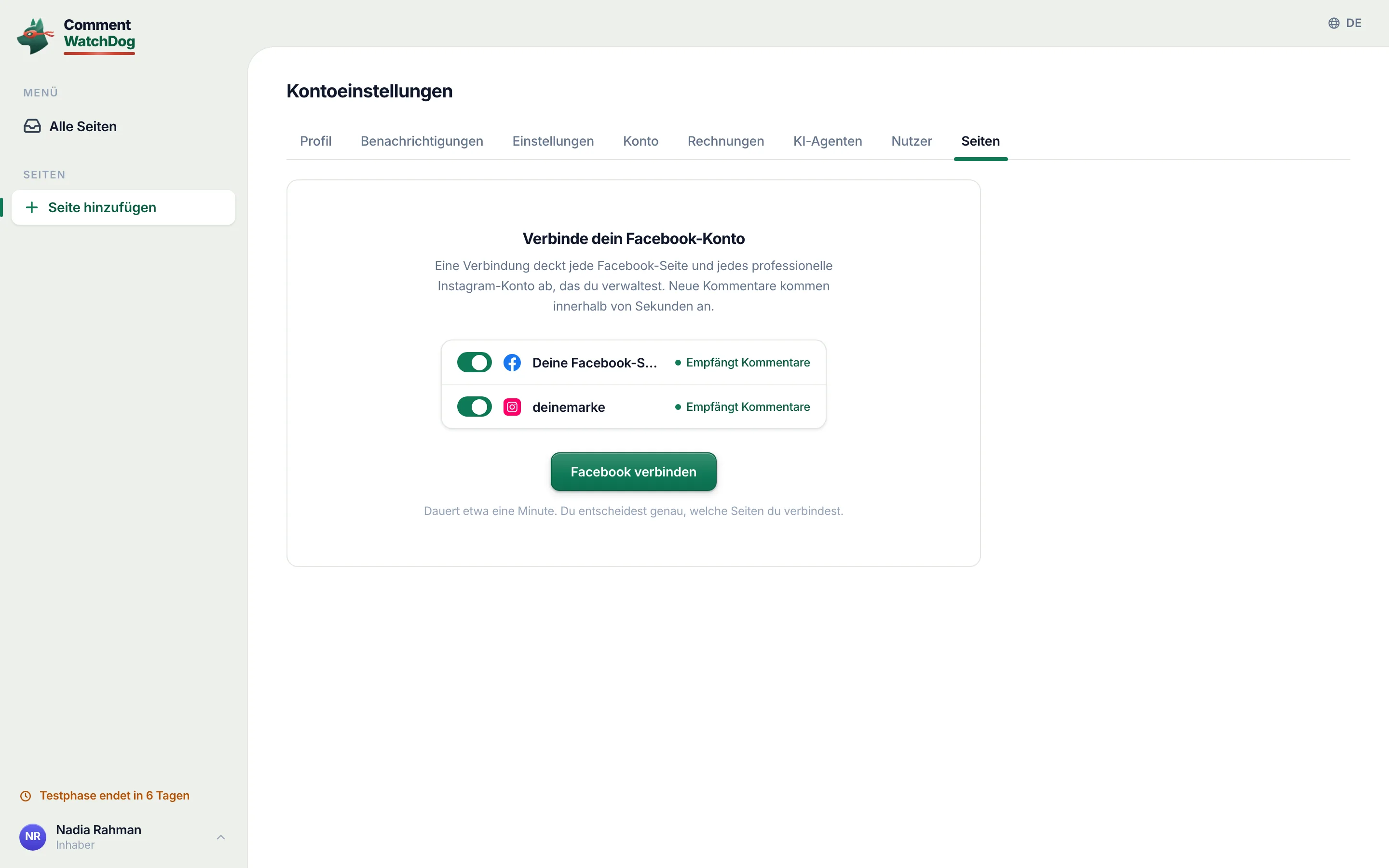„Kontoeinstellungen“, Tab „Seiten“, vor der ersten Verbindung: die Karte „Verbinde dein Facebook-Konto“.