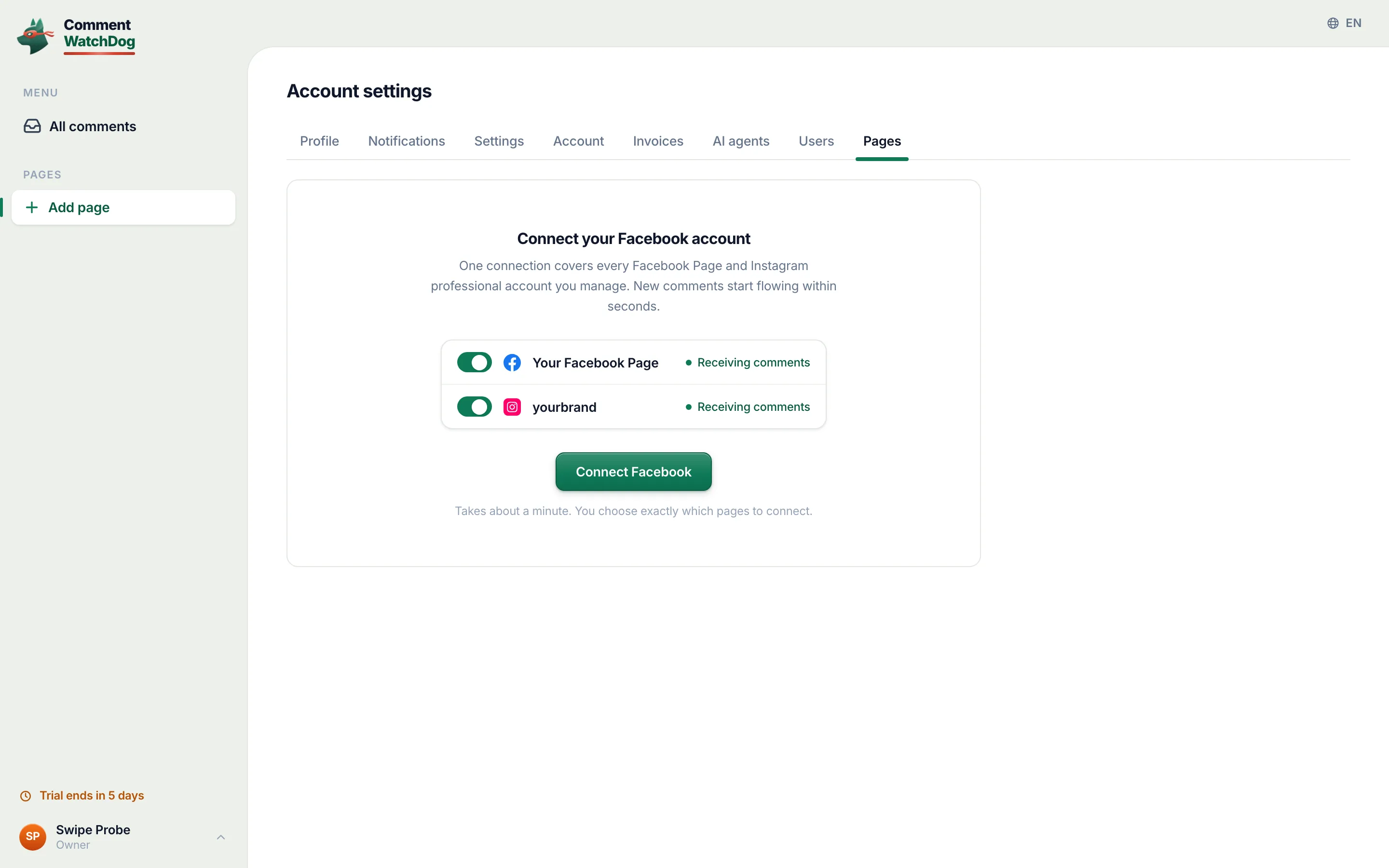 Account settings, Pages tab, before any connection: the Connect your Facebook account card.