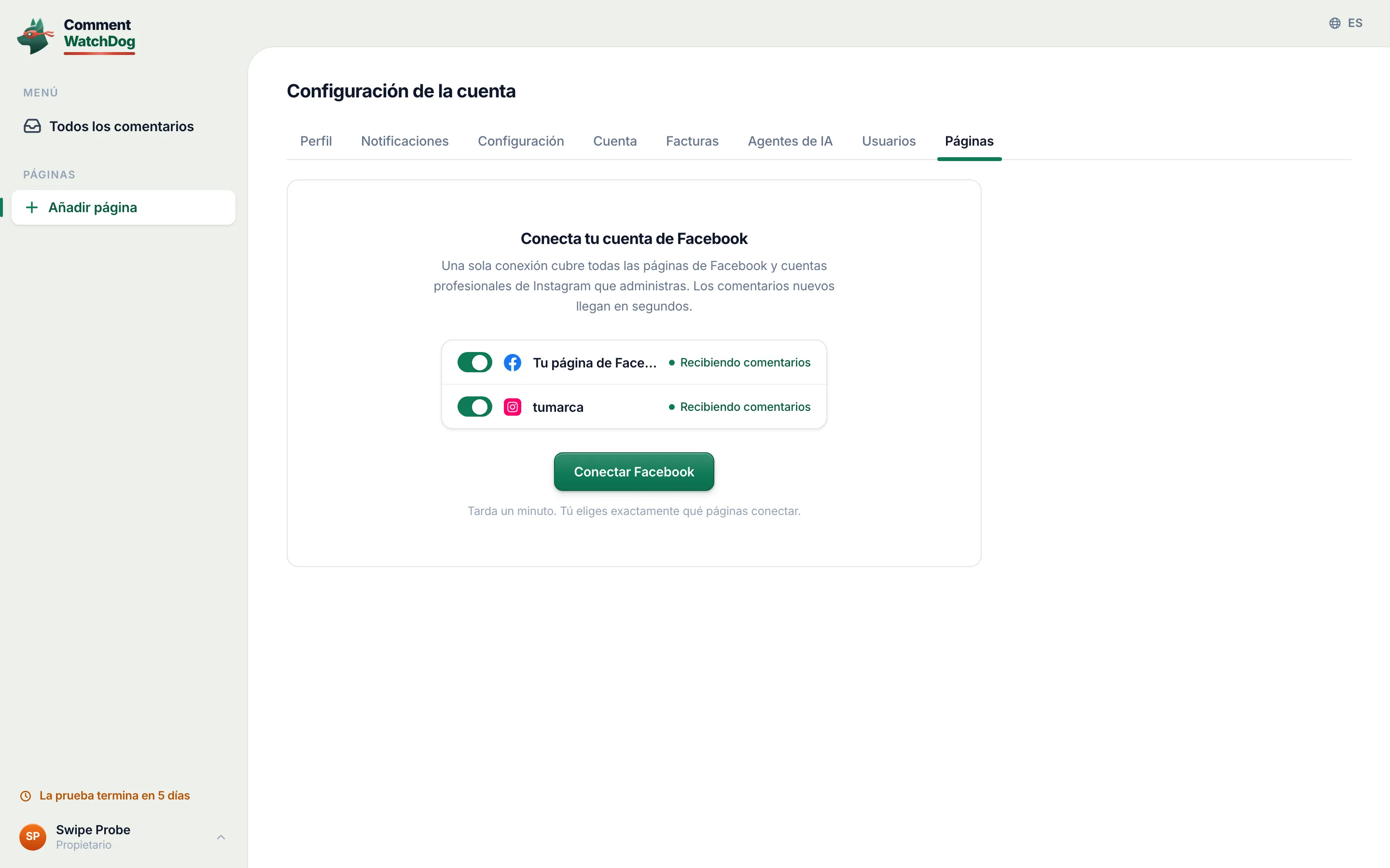 Configuración de la cuenta, pestaña Páginas, antes de cualquier conexión: la tarjeta Conecta tu cuenta de Facebook.