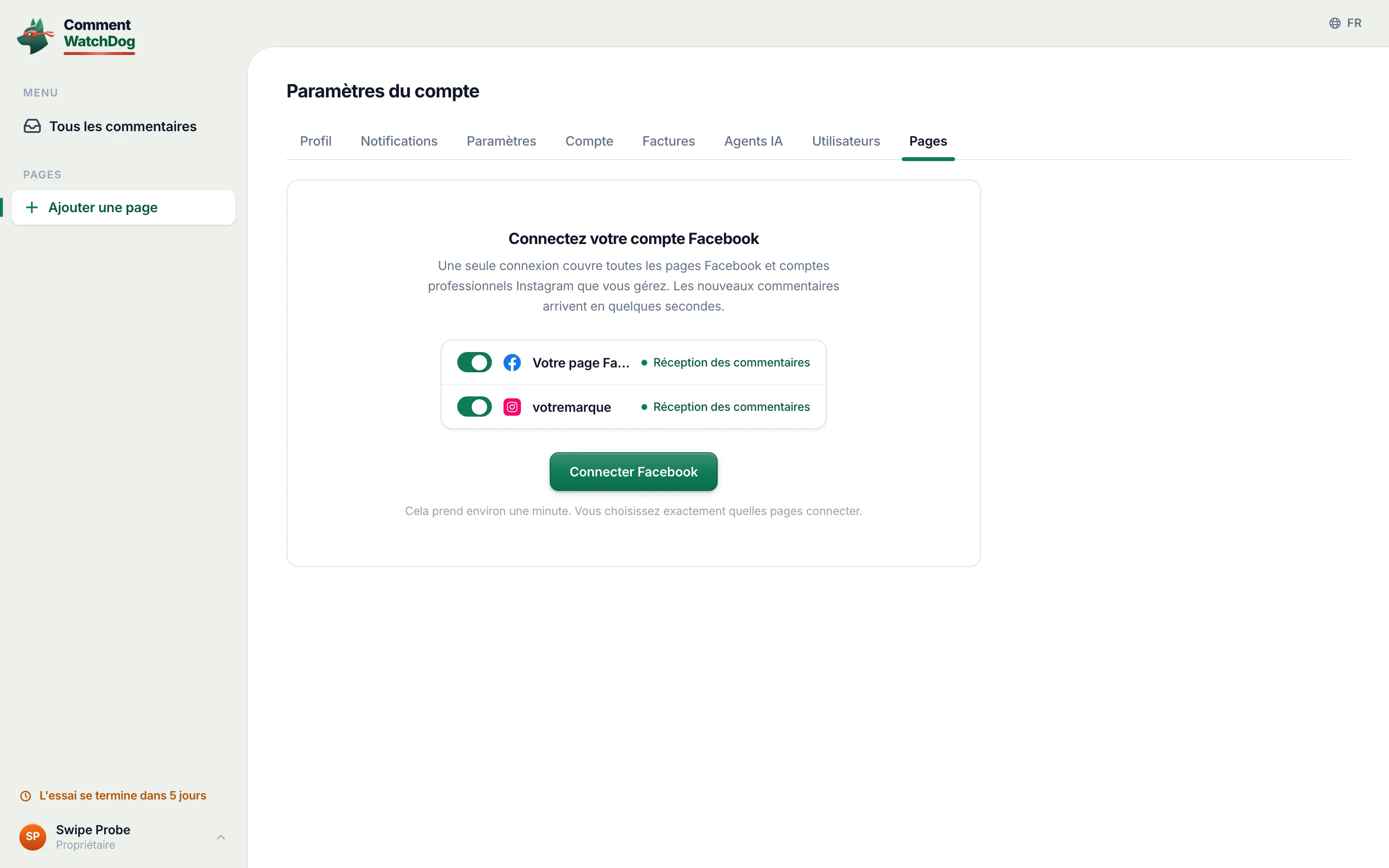 Paramètres du compte, onglet Pages, avant toute connexion : la carte Connectez votre compte Facebook.