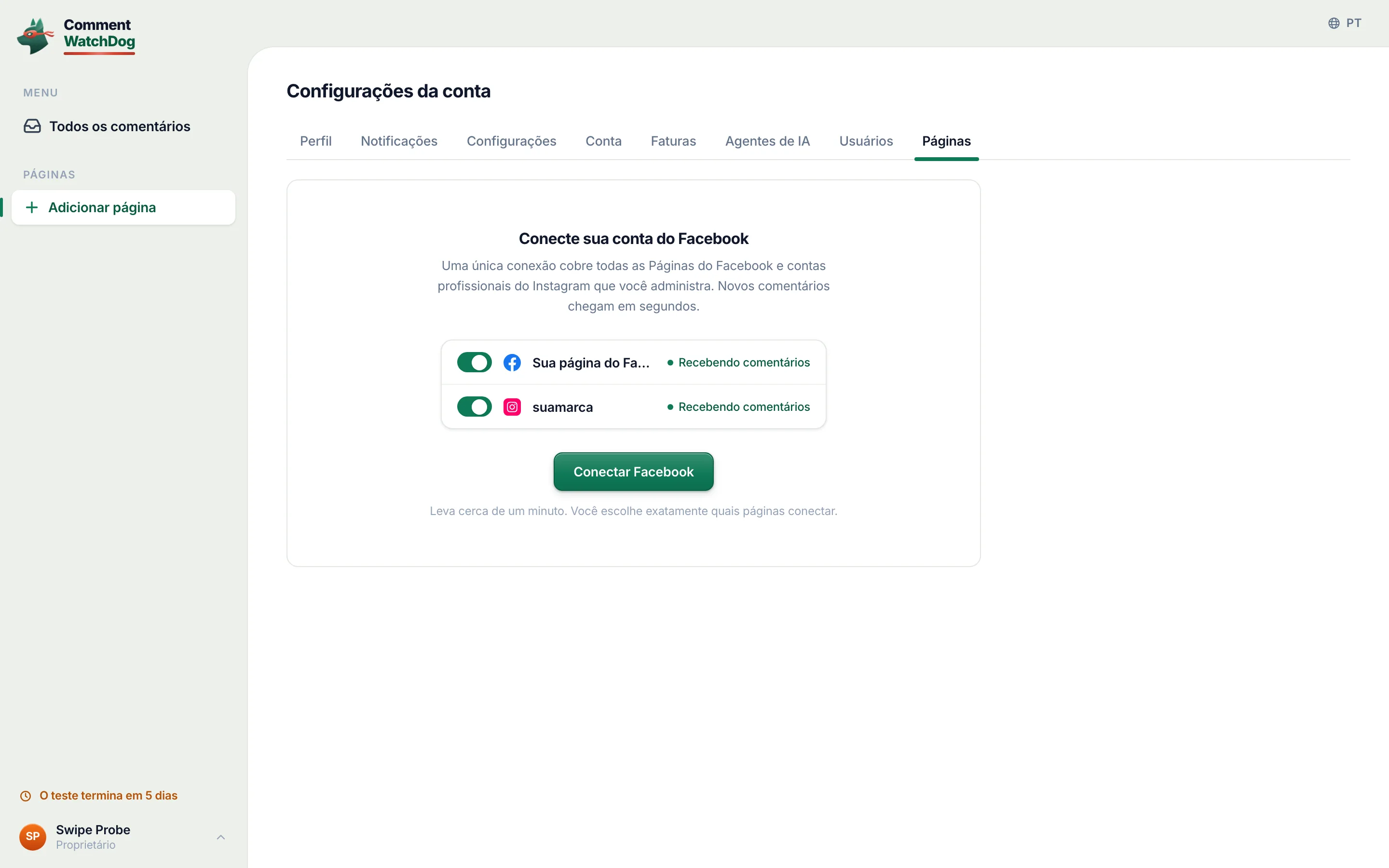 Configurações da conta, aba Páginas, antes de qualquer conexão: o cartão Conecte sua conta do Facebook.