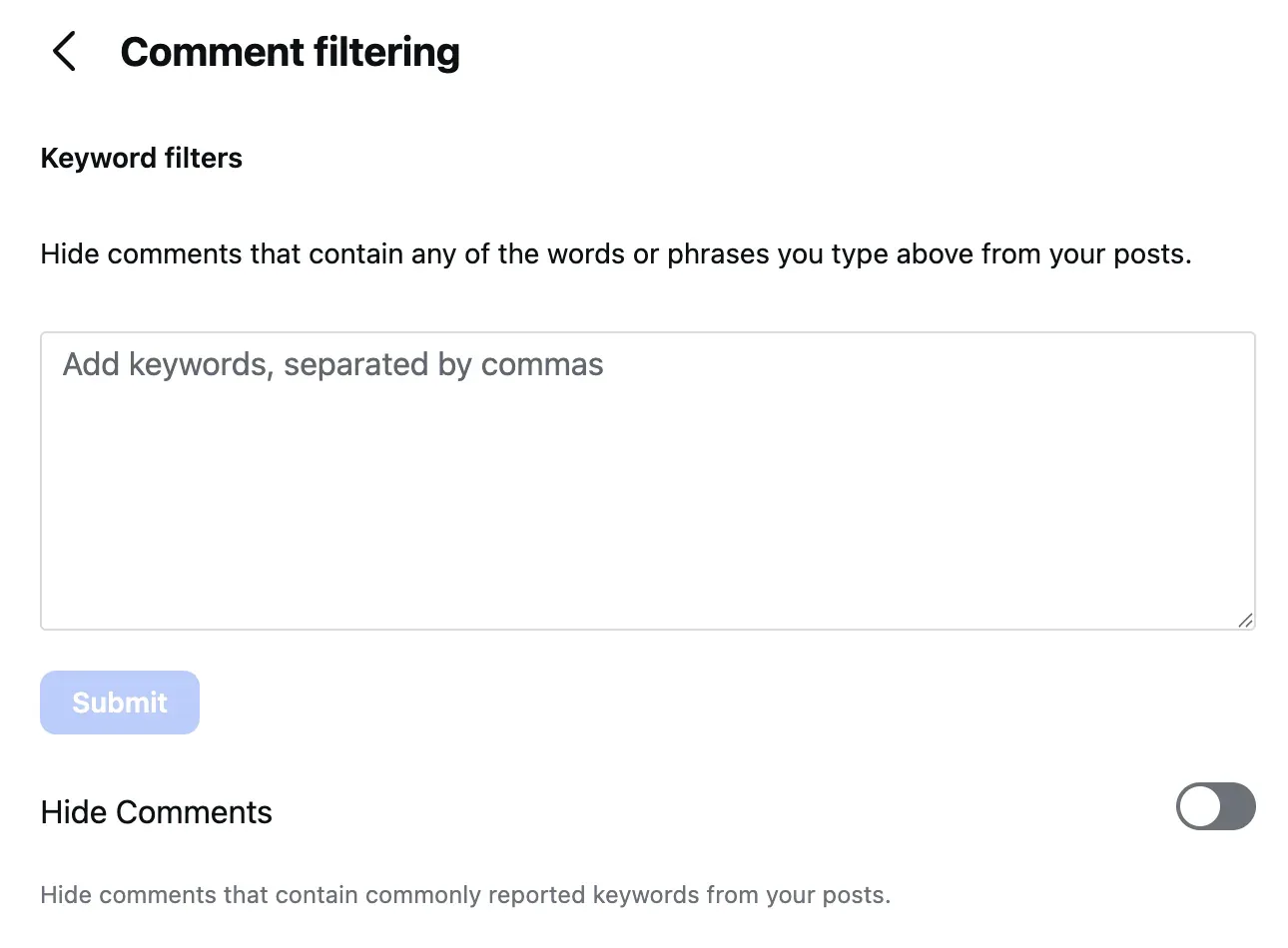 Instagram's Comment filtering page on the web on September 8, 2026, the keyword box ringed: the custom words, phrases, numbers and emojis to hide, separated by commas.