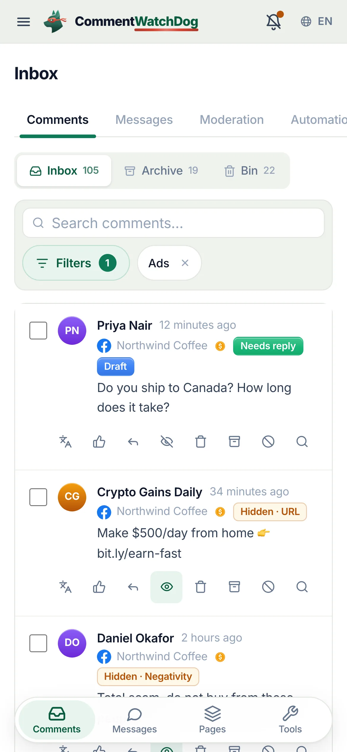 The phone inbox filtered to ad comments.