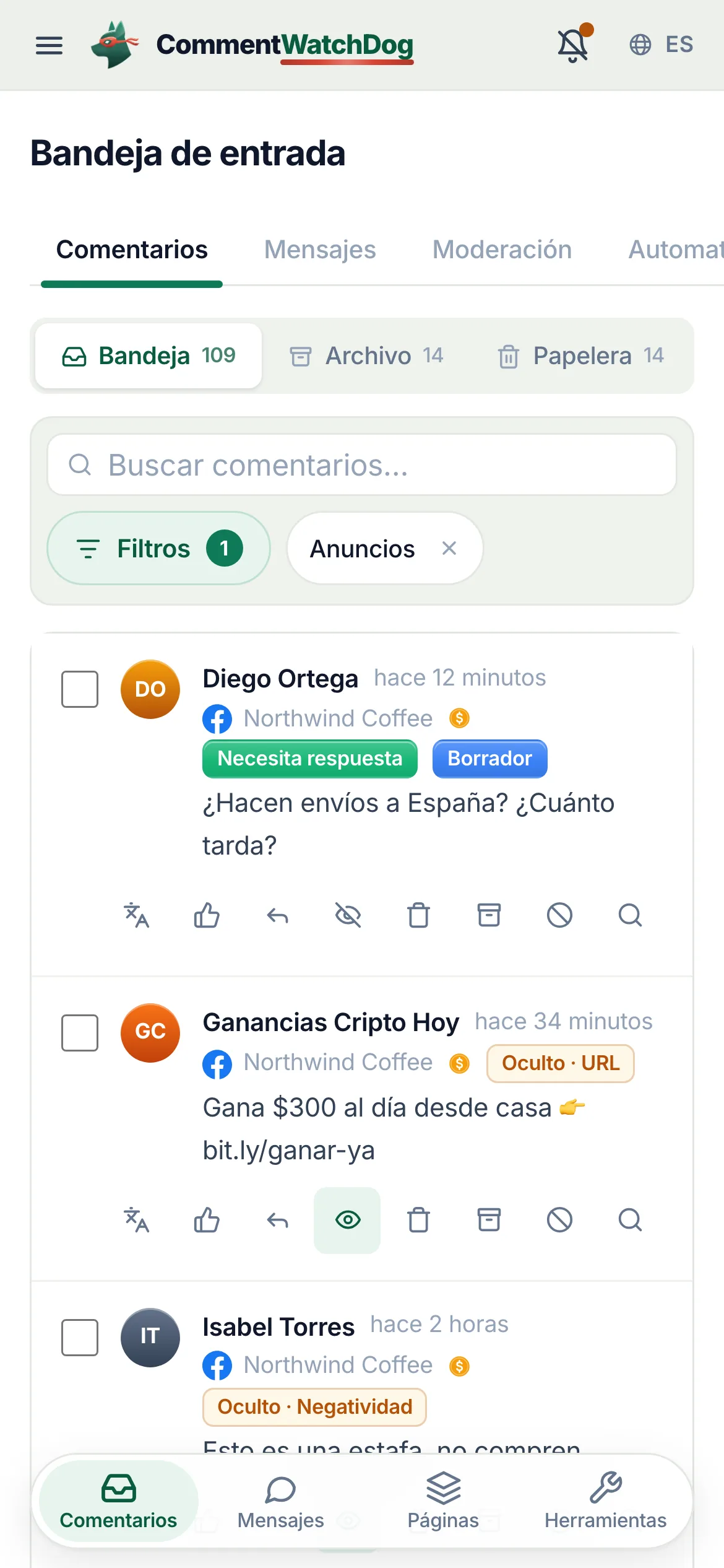 La bandeja del teléfono filtrada por comentarios de anuncios.