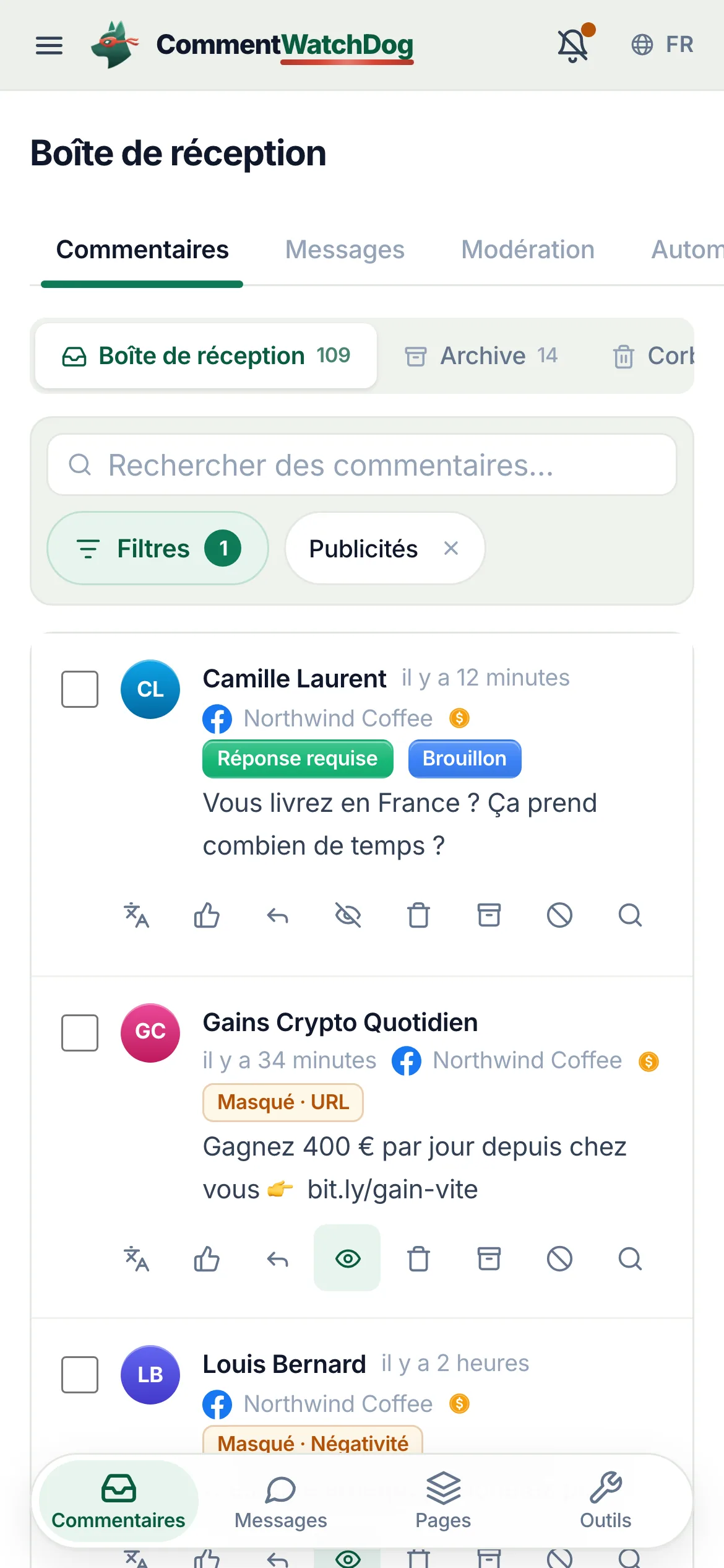 La boîte de réception sur téléphone filtrée sur les commentaires de publicités.