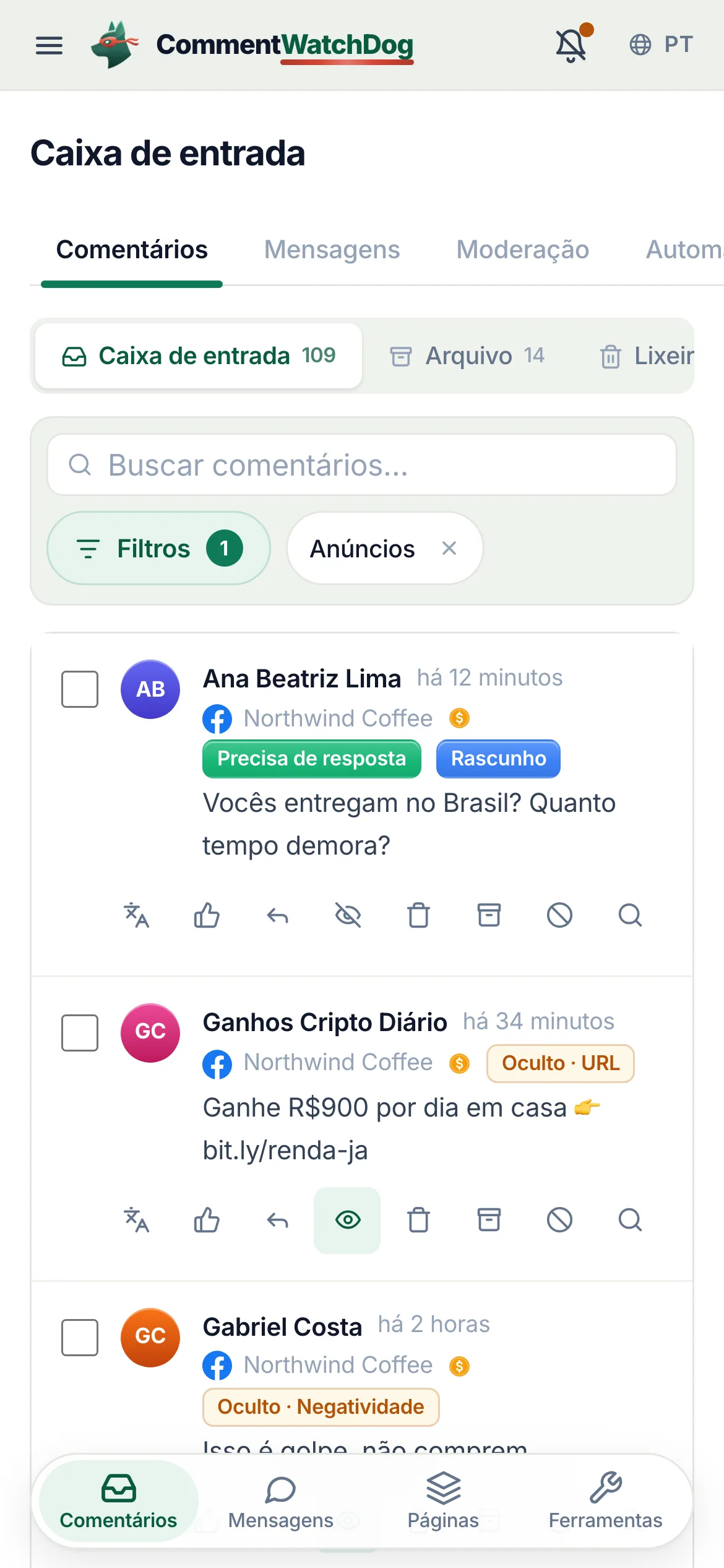 A caixa de entrada do celular filtrada para comentários de anúncios.