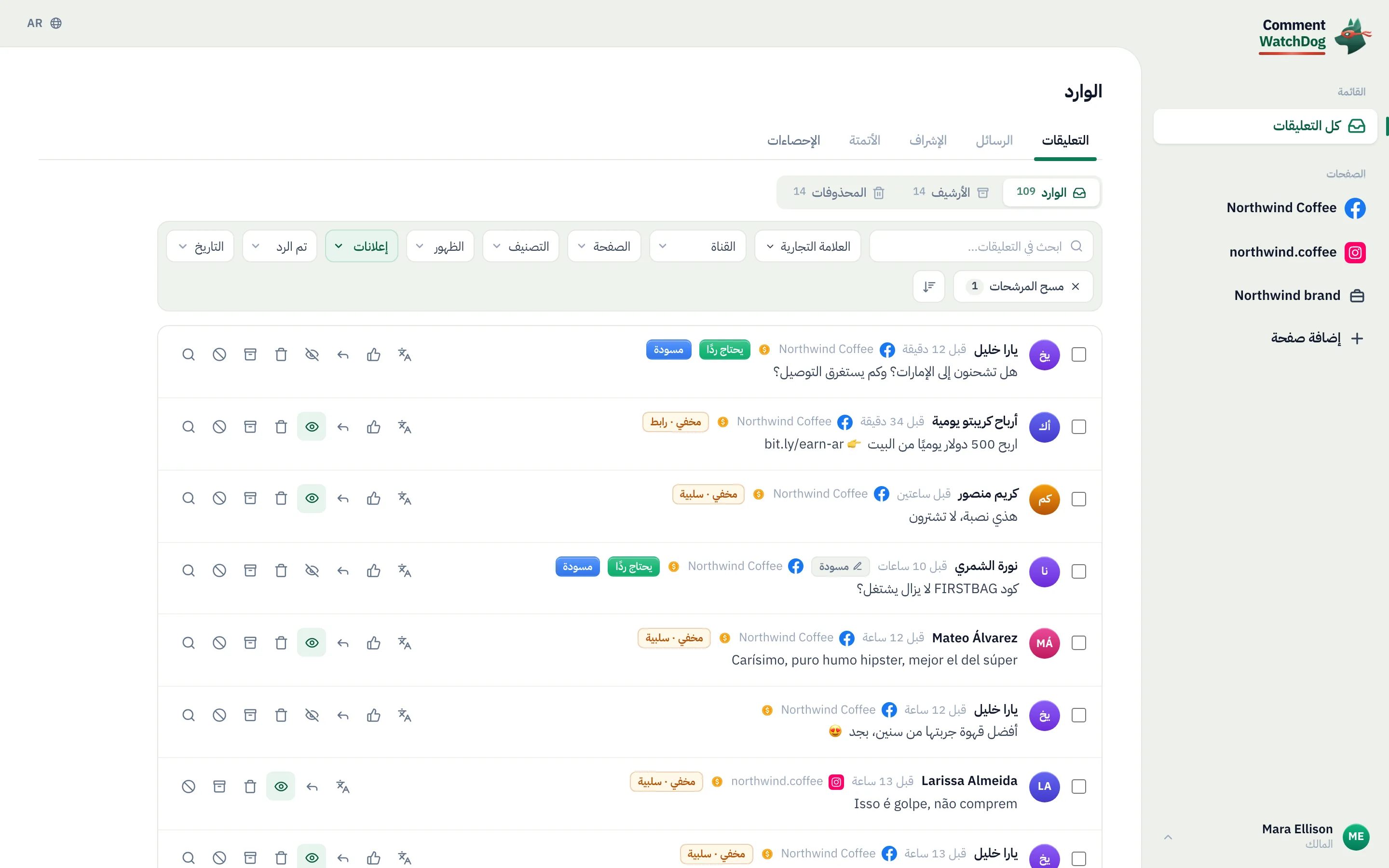 صندوق الوارد مع تصفية للتعليقات التي وردت عبر الإعلانات.
