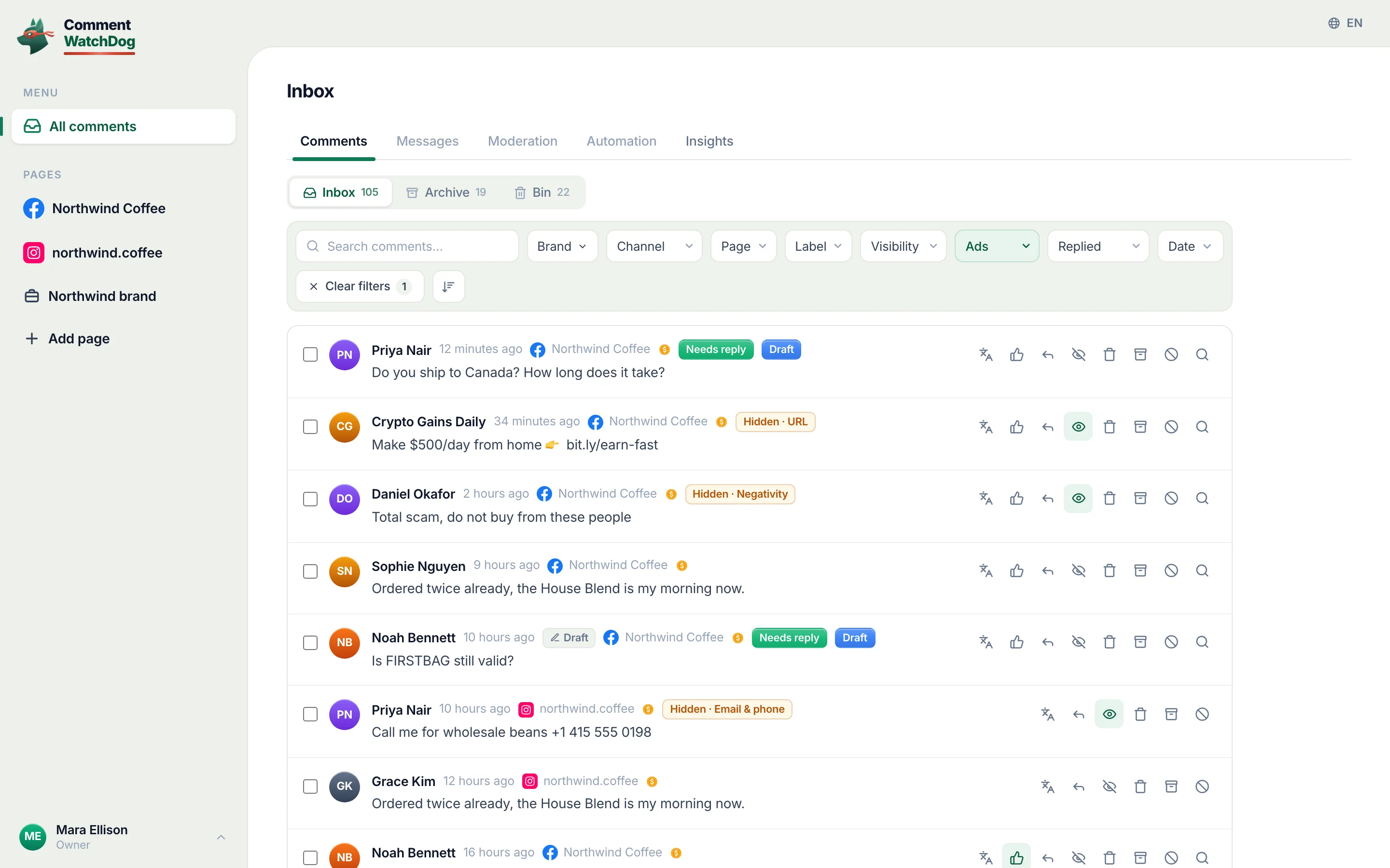 The inbox filtered to comments that came in through ads.