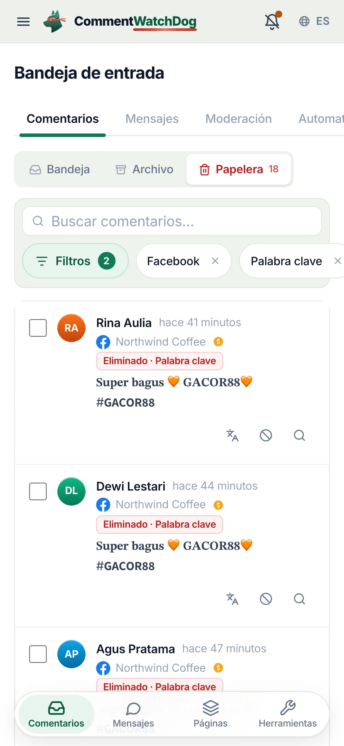 La papelera el 17 de septiembre de 2026, filtrada por un anuncio de Facebook y la regla de Palabras clave: la misma frase de apuestas en negrita de seis cuentas, forma tres, cada fila eliminada por la regla, la ficha rodeada en la primera.