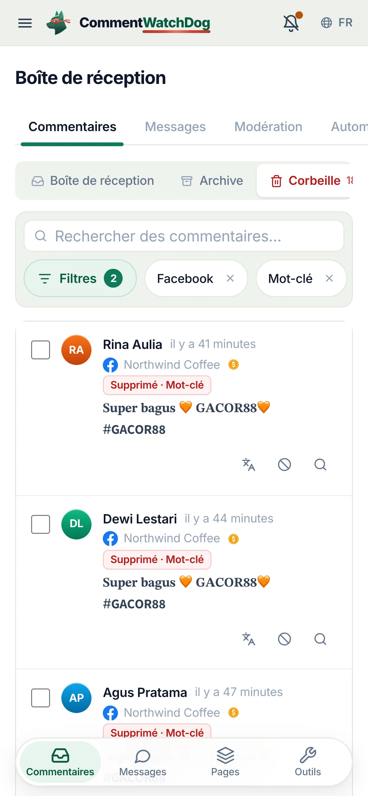 La corbeille le 17 septembre 2026, filtrée sur une publicité Facebook et la règle Mots-clés : la même phrase de jeu d’argent en gras provenant de six comptes, forme trois, chaque ligne supprimée par la règle, la puce entourée sur la première.