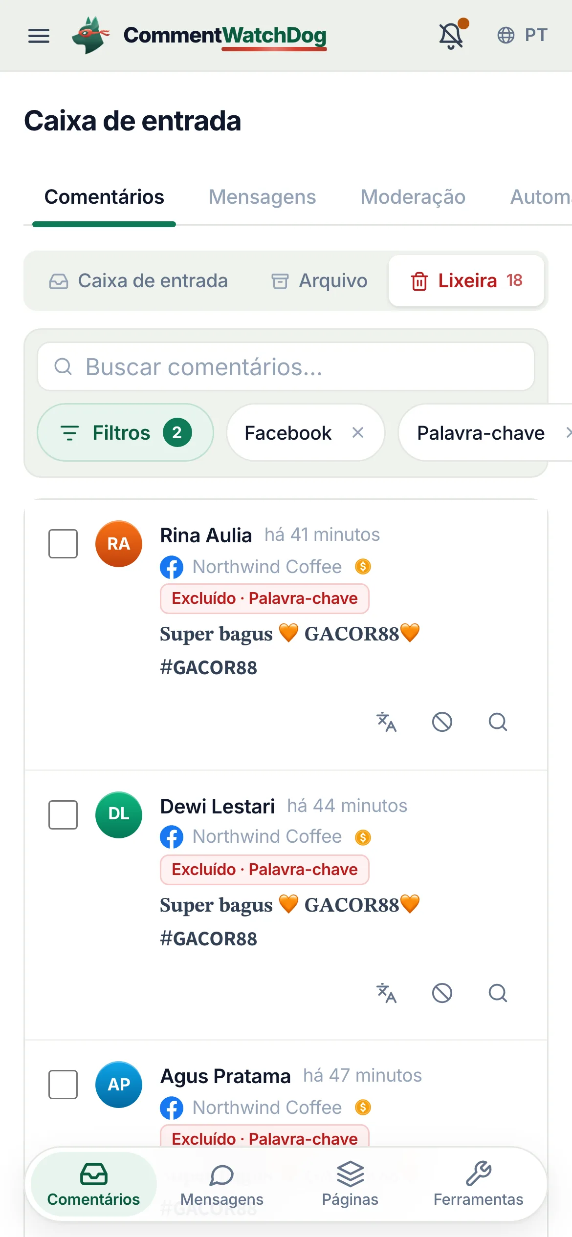 A lixeira em 17 de setembro de 2026, filtrada para um anúncio do Facebook e a regra Keywords: a mesma frase de jogo de azar em negrito de seis contas, formato três, cada linha excluída pela regra, o selo circulado na primeira.