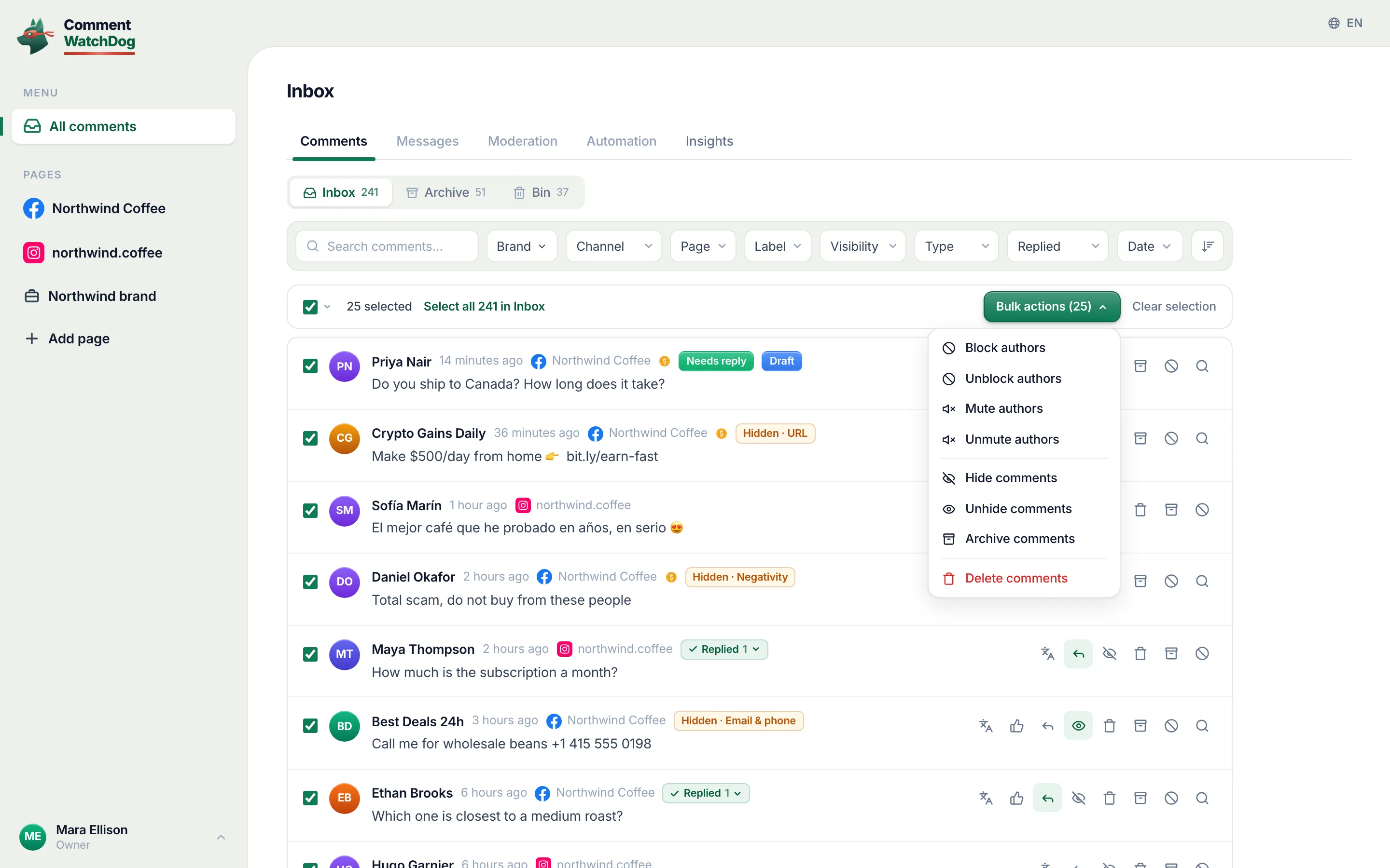 The inbox with every row on the page selected and the bulk actions menu open.