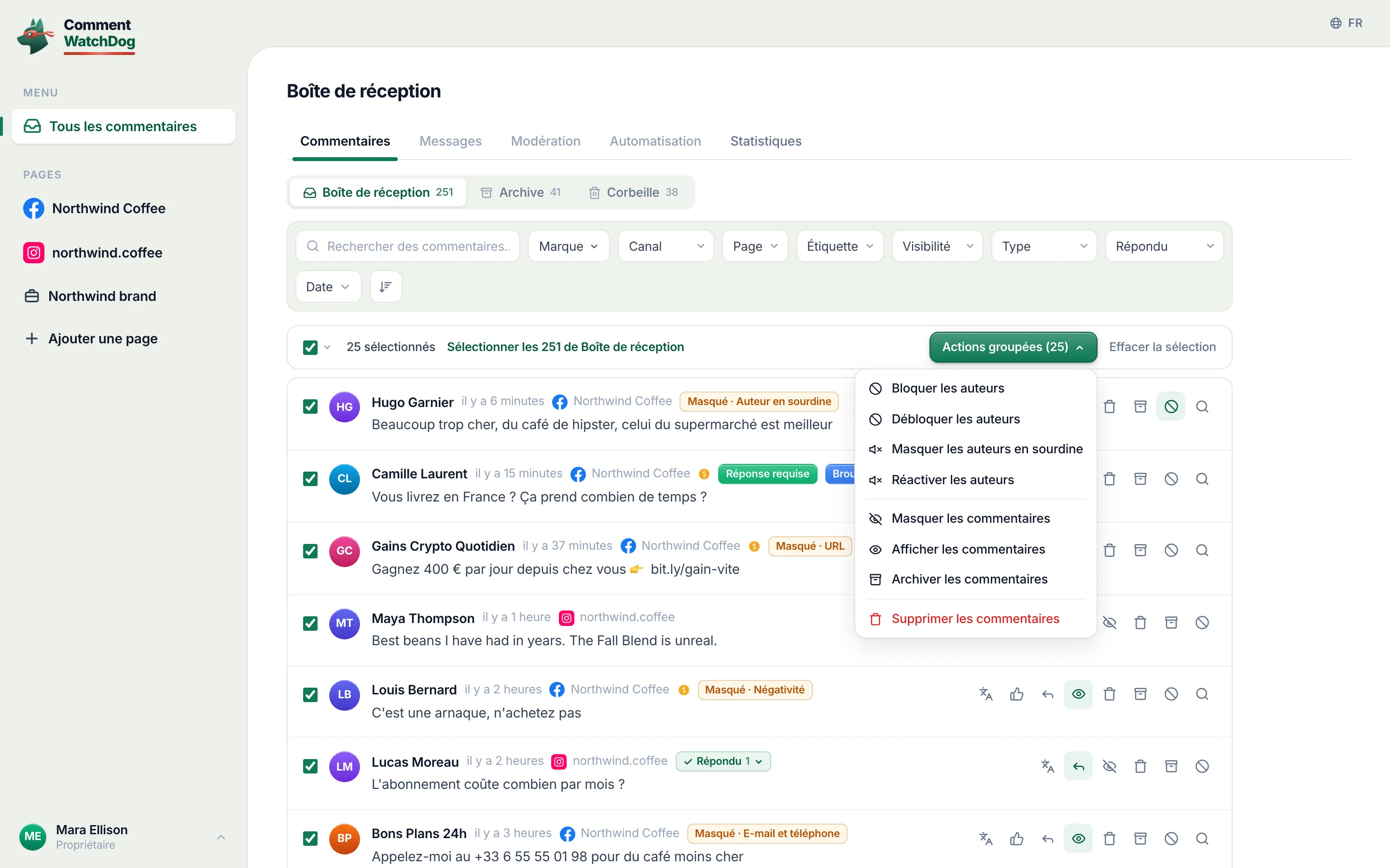 La boîte de réception avec toutes les lignes de la page sélectionnées et le menu des actions groupées ouvert.