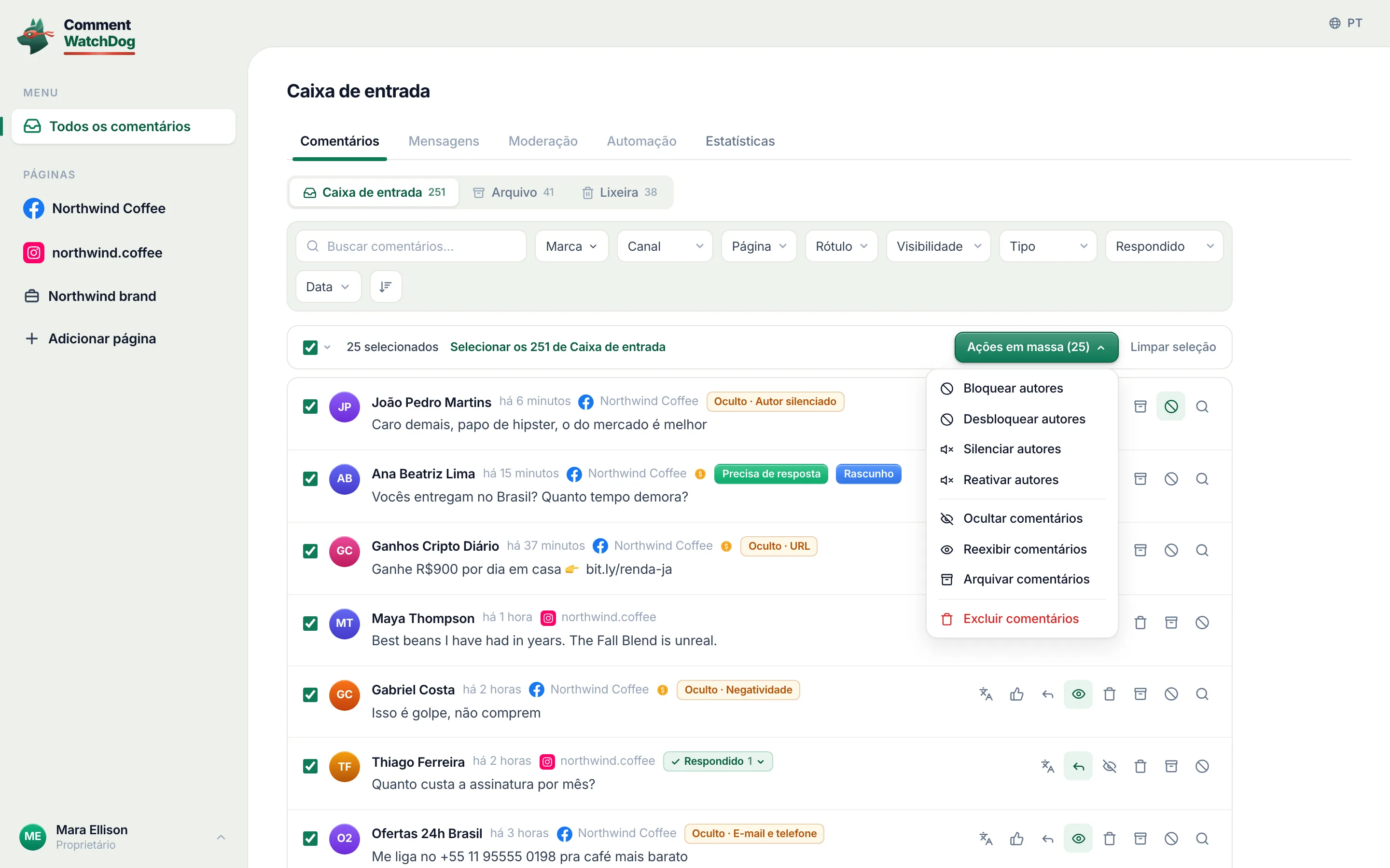 A caixa de entrada com todas as linhas da página selecionadas e o menu de ações em massa aberto.