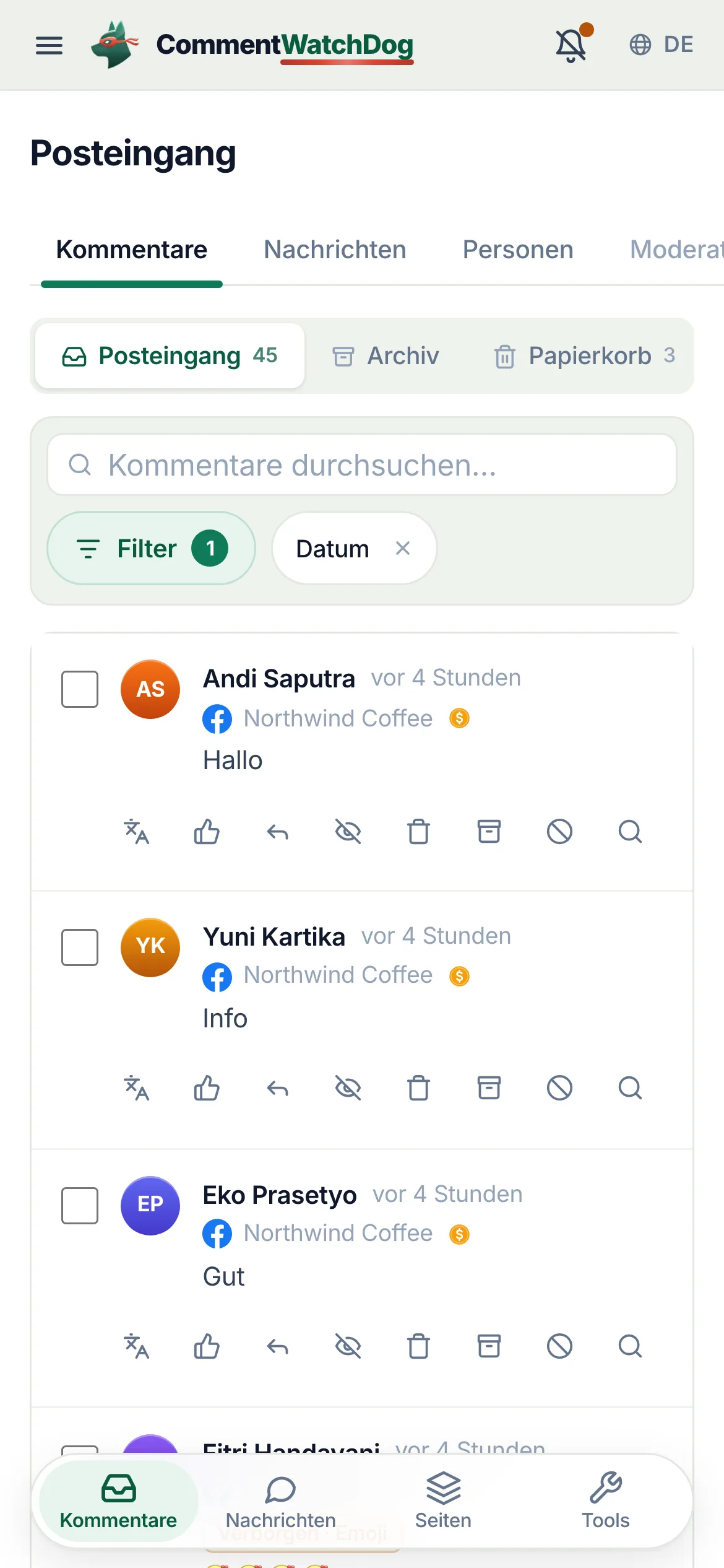 Auf dem Handy erscheint der Filter als Chip „Datum“ neben „Filter“.