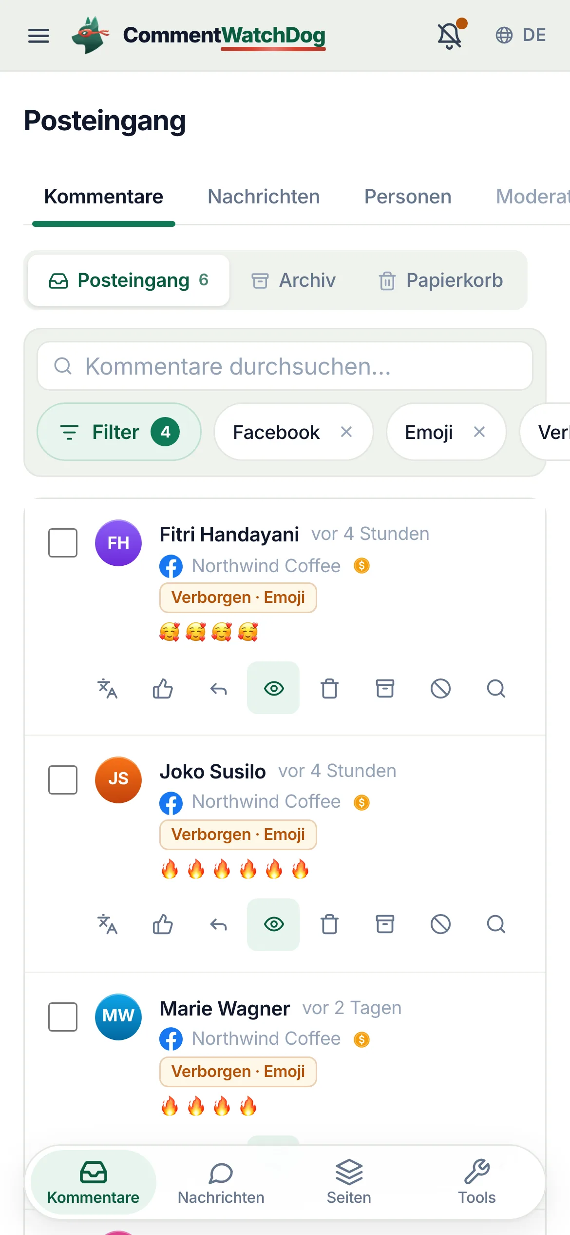 Der Posteingang, gefiltert auf Facebook-Anzeigen und verborgene Kommentare: Zeilen, die aus nichts als Flammen und Gesichtern bestehen, in der ersten sind die Chips „Verborgen“ und „Emoji“ eingekreist.