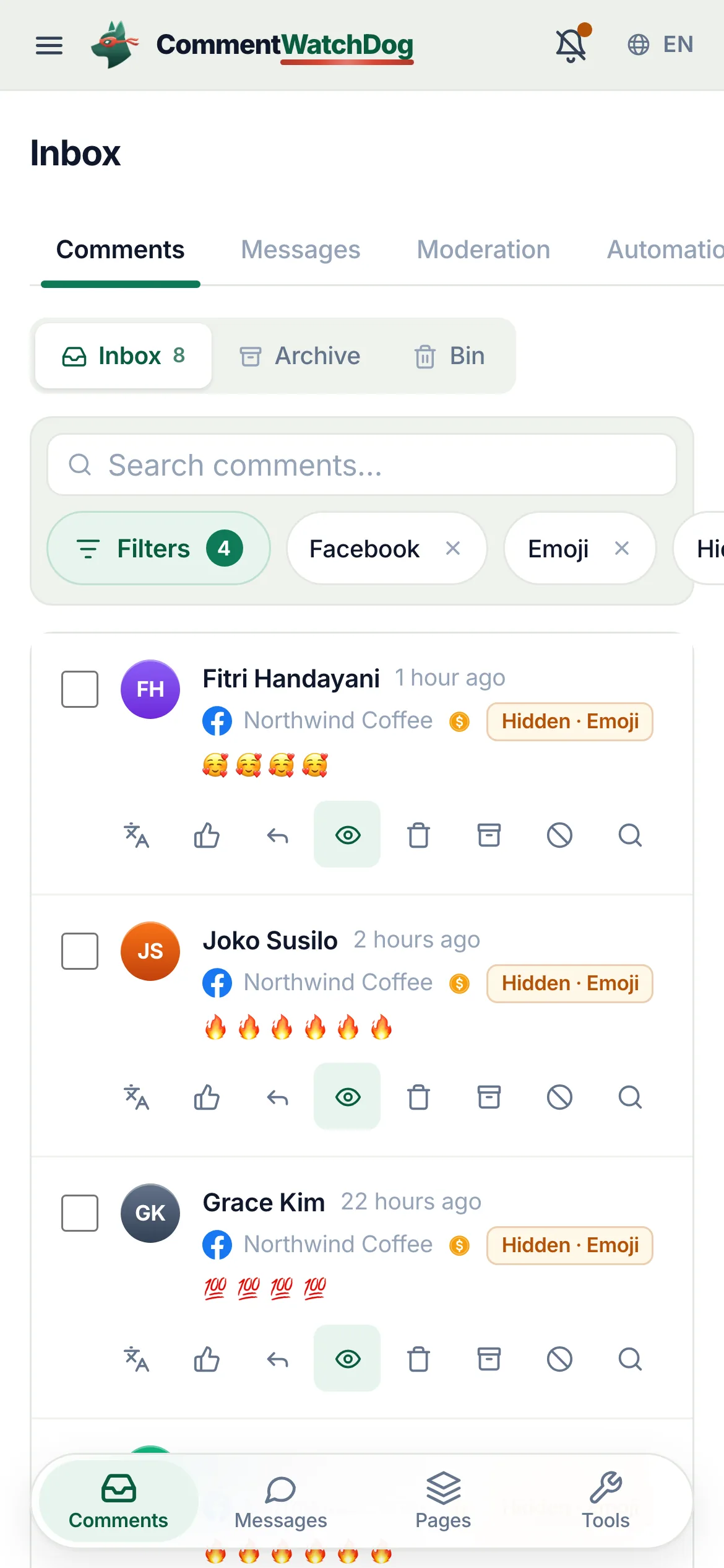 The inbox on September 17, 2026, filtered to one Facebook ad and hidden comments: two rows that are nothing but hearts and flames, the Hidden and Emoji chip ringed on the first.