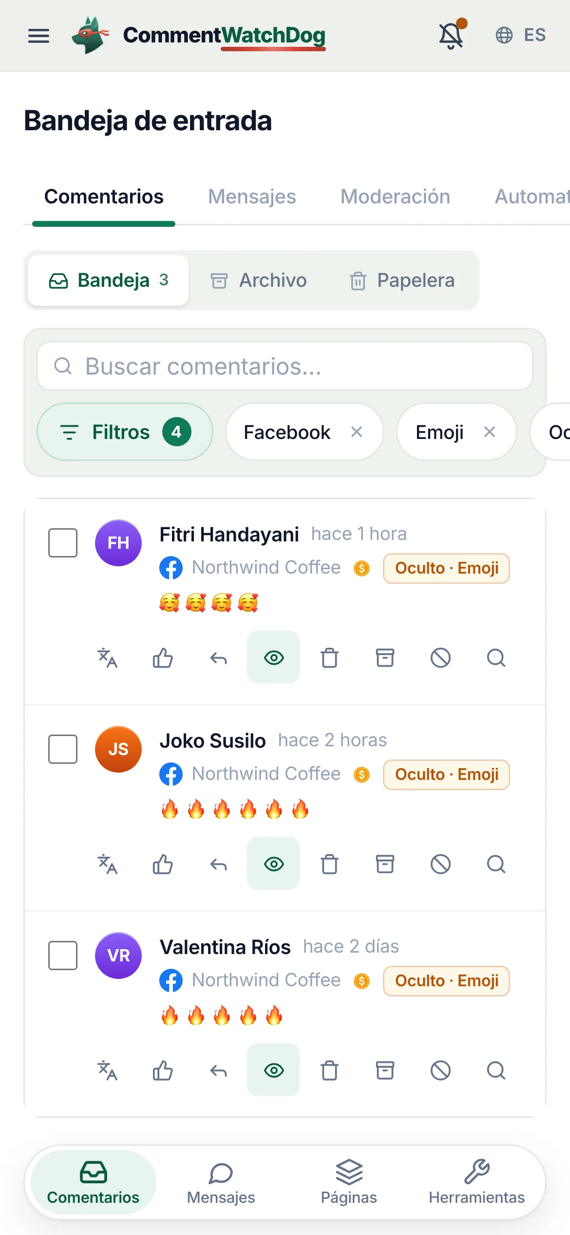 La bandeja de entrada el 17 de septiembre de 2026, filtrada por un anuncio de Facebook y comentarios ocultos: dos filas que no son más que corazones y llamas, con la etiqueta de Oculto y Emoji marcada en la primera.