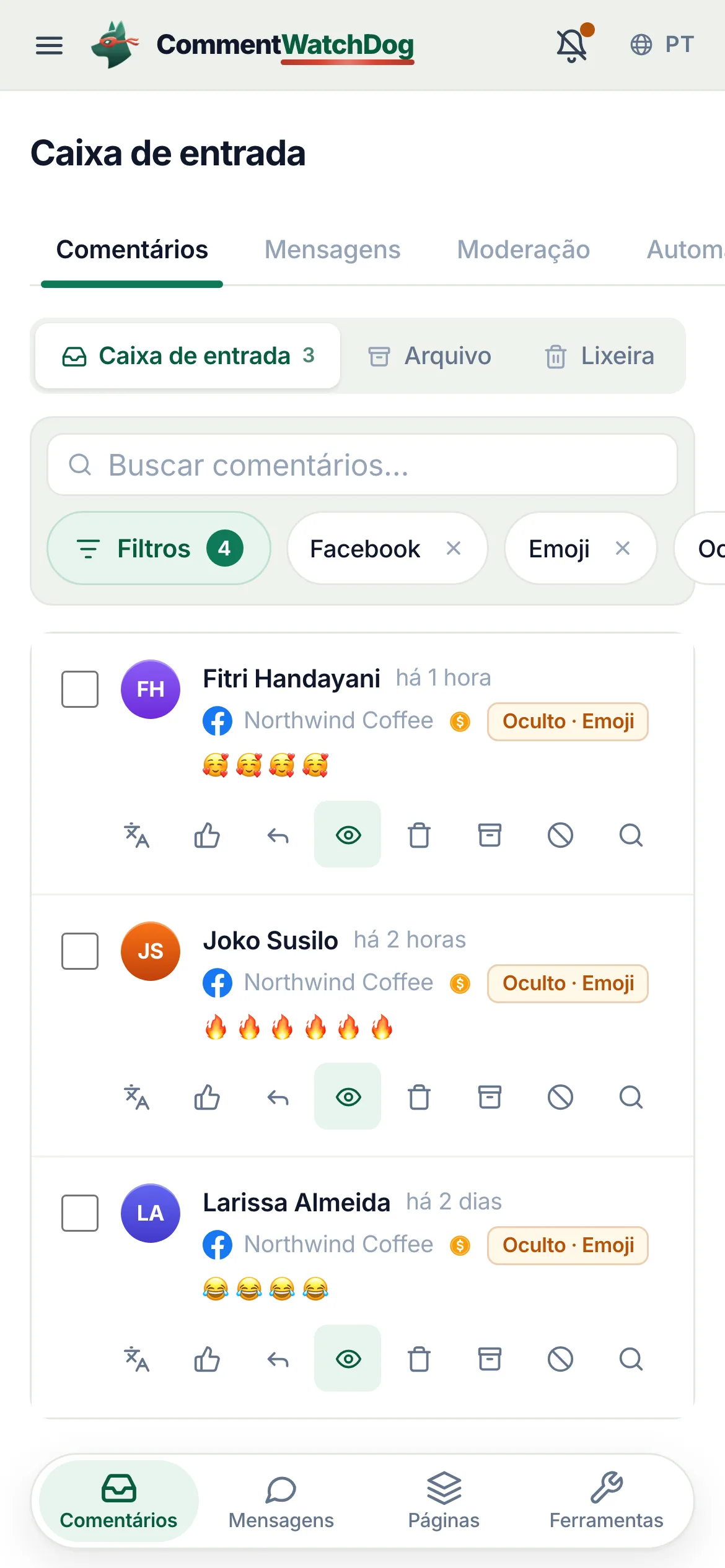 A caixa de entrada em 17 de setembro de 2026, filtrada para um anúncio do Facebook e comentários ocultos: duas linhas que não são nada além de corações e chamas, com o selo Oculto e Emoji circulado na primeira.